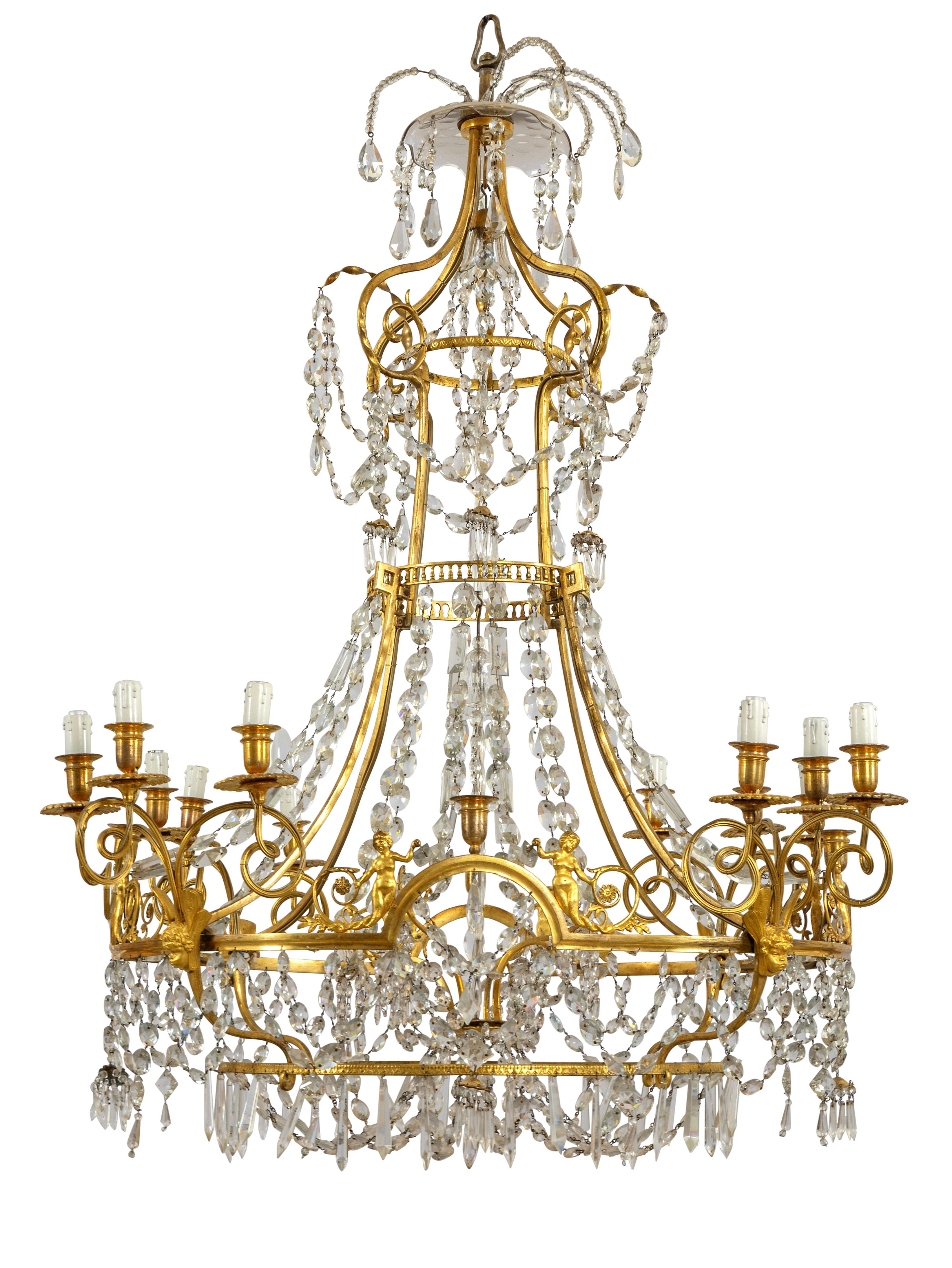 19. Jahrhundert, großer französischer Kronleuchter aus vergoldeter Bronze und Kristall mit zwölf Lichtern

Dieser elegante und raffinierte Kronleuchter wurde im frühen neunzehnten Jahrhundert in Frankreich hergestellt.
Die Struktur besteht aus fein