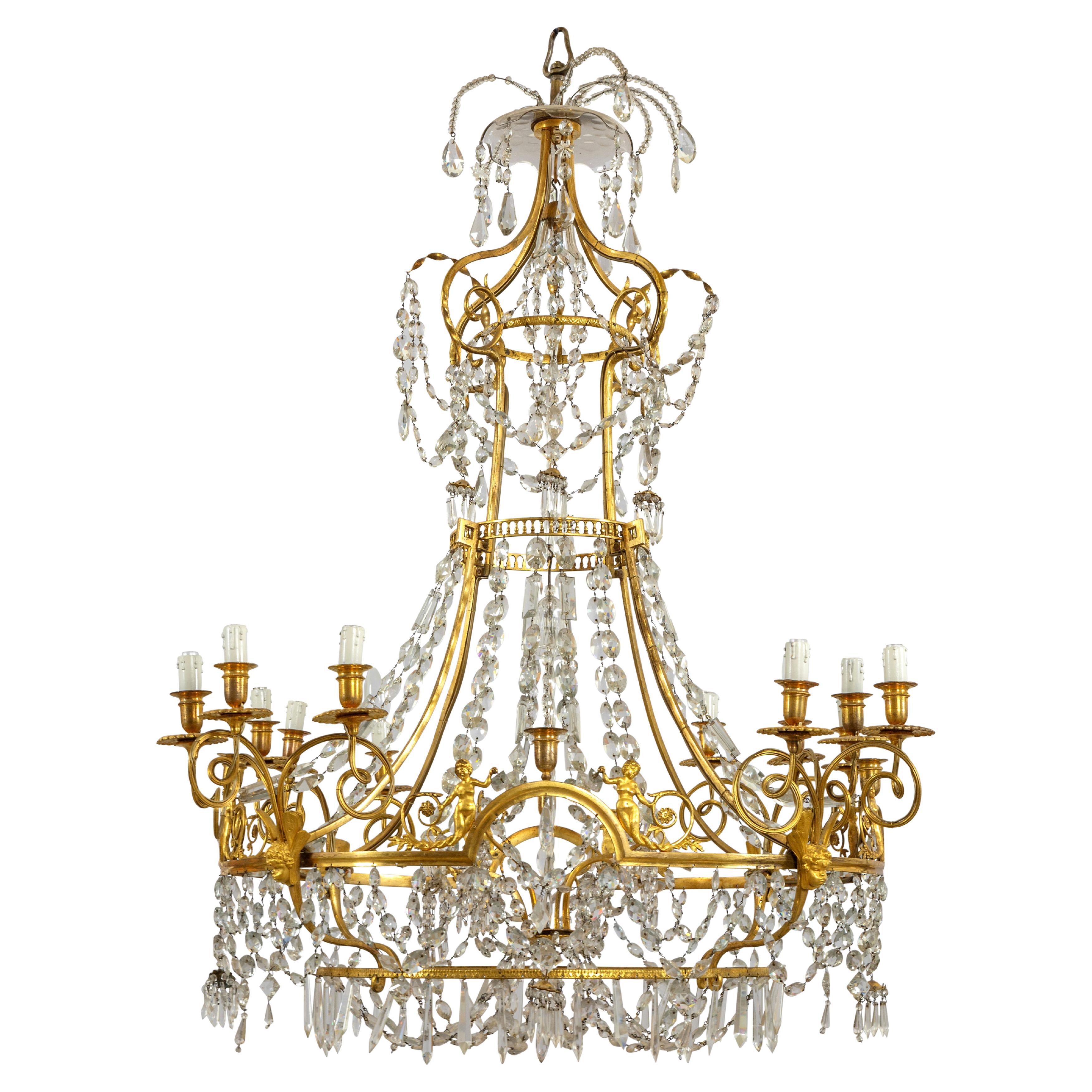 19th Century, Large French Gilt Bronze and Crystal Chandelier with Twelve Lights