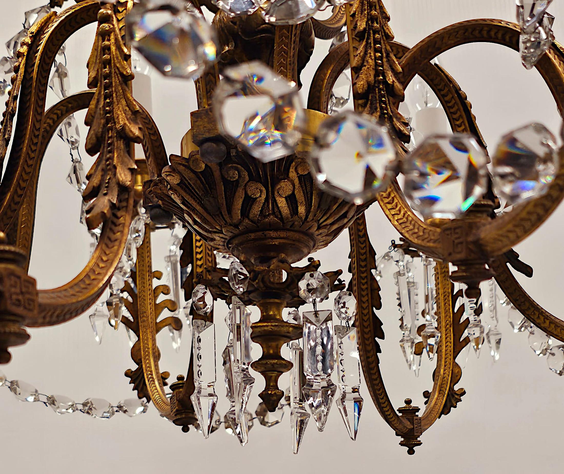 19th Century Large French Gilt Bronze and Crystal Eight Branch Rewired Gasolier For Sale 1