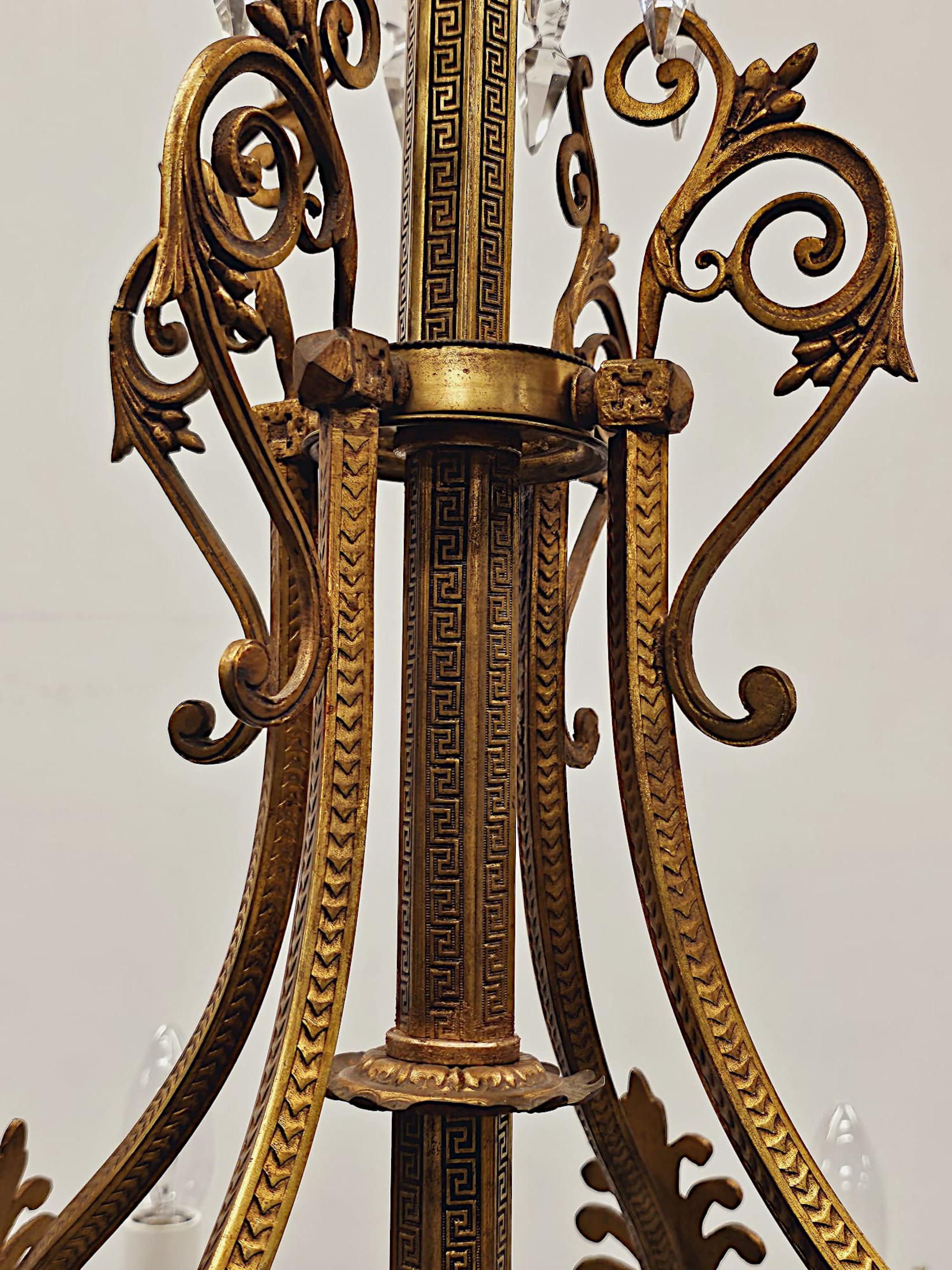 19th Century Large French Gilt Bronze and Crystal Eight Branch Rewired Gasolier For Sale 5