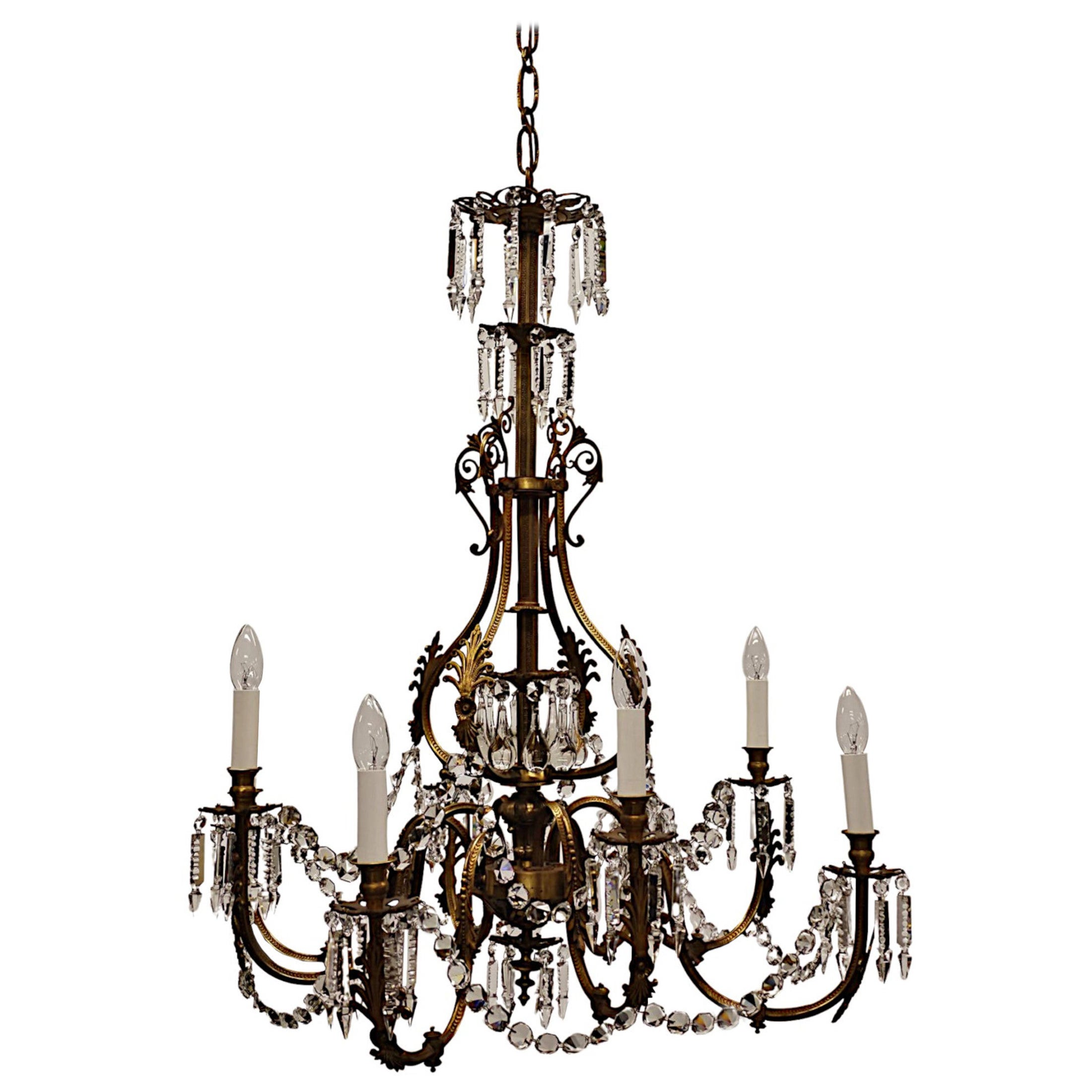 19th Century Large French Gilt Bronze and Crystal Eight Branch Rewired Gasolier For Sale