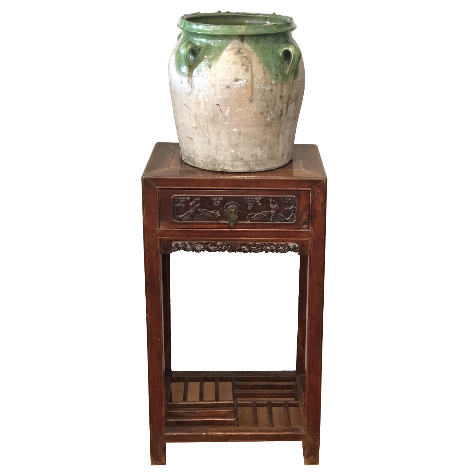 French Provincial 19th Century Large French Glazed White & Green Terracotta Pot/ Urn with Handles