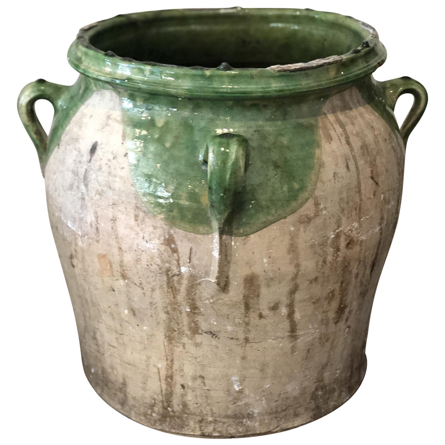 19th Century Large French Glazed White & Green Terracotta Pot/ Urn with Handles