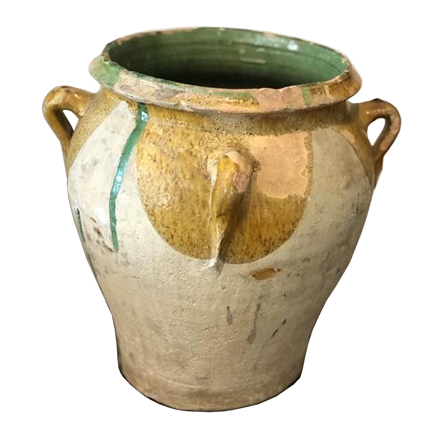 French Provincial 19th Century Large French Glazed Yellow & Green Terracotta Pot/ Urn with Handles