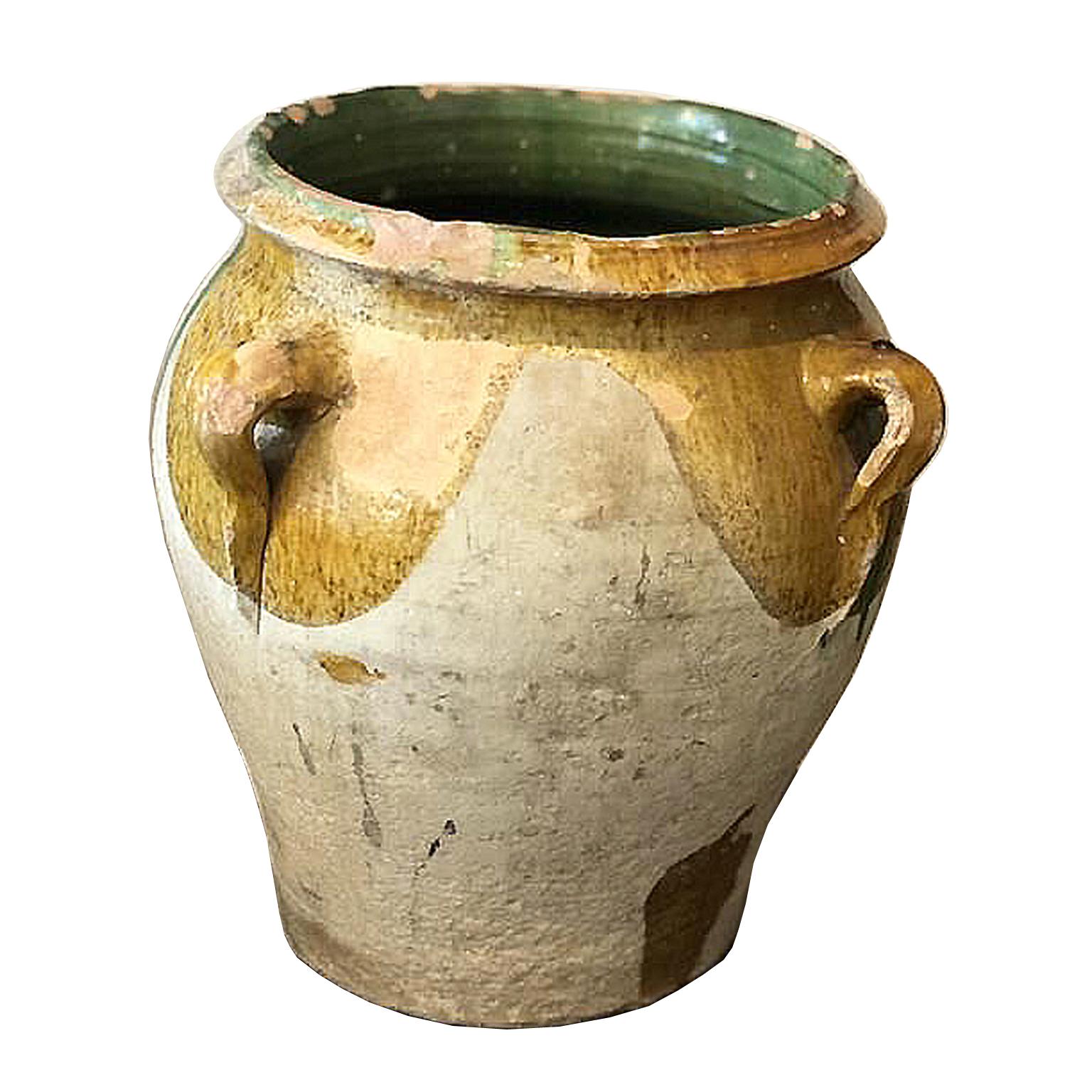 19th Century Large French Glazed Yellow & Green Terracotta Pot/ Urn with Handles In Good Condition In Miami, FL