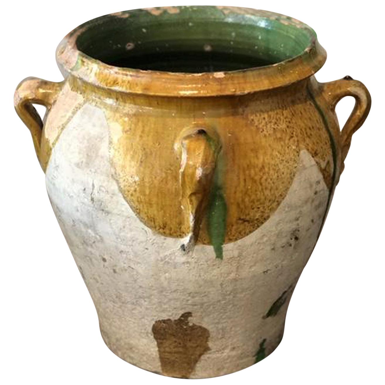 19th Century Large French Glazed Yellow & Green Terracotta Pot/ Urn with Handles