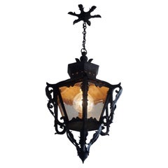 19th-Century Large French Hand Forged Iron Glass Electrified Street Lantern
