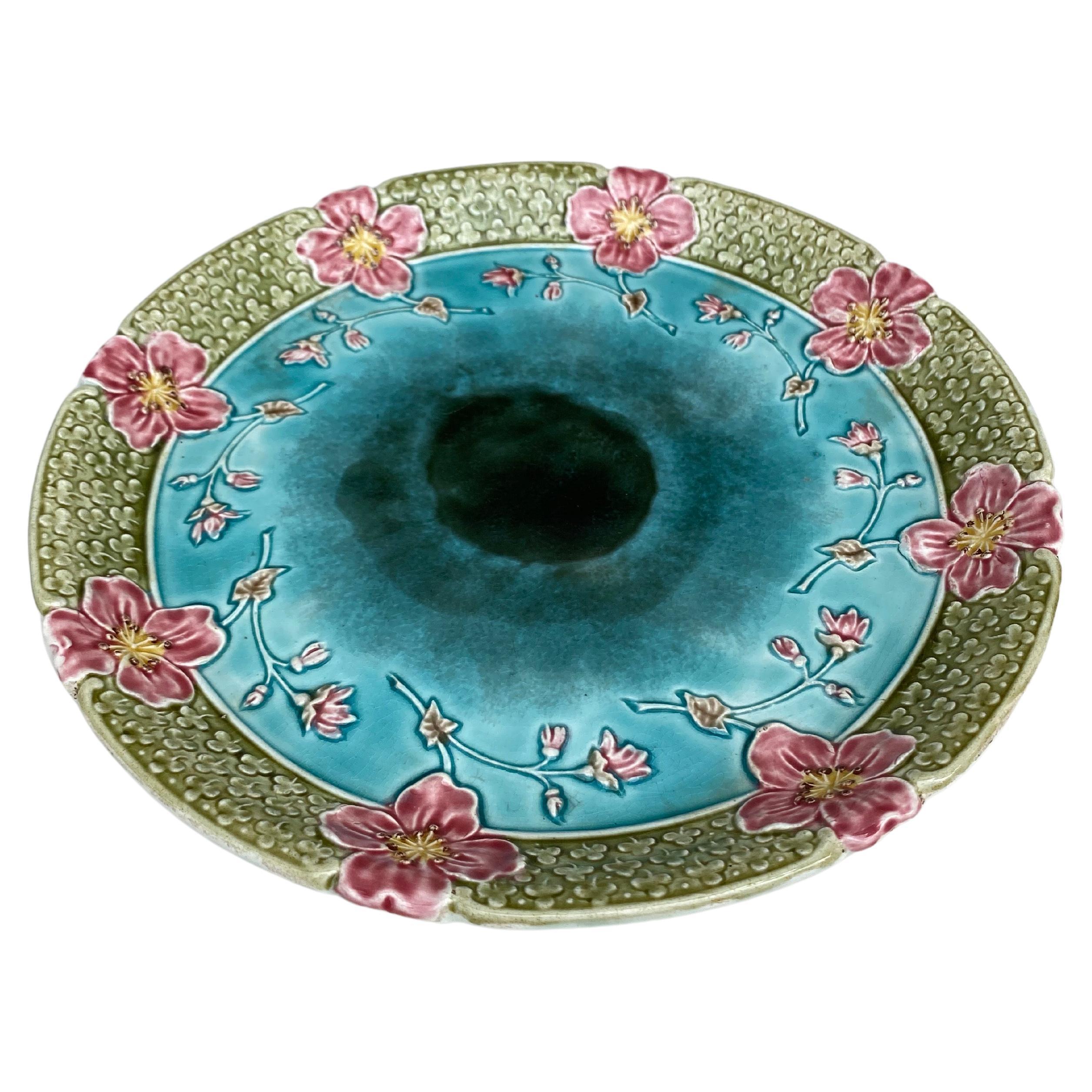 19th century large French Majolica wild rose platter fives lille.