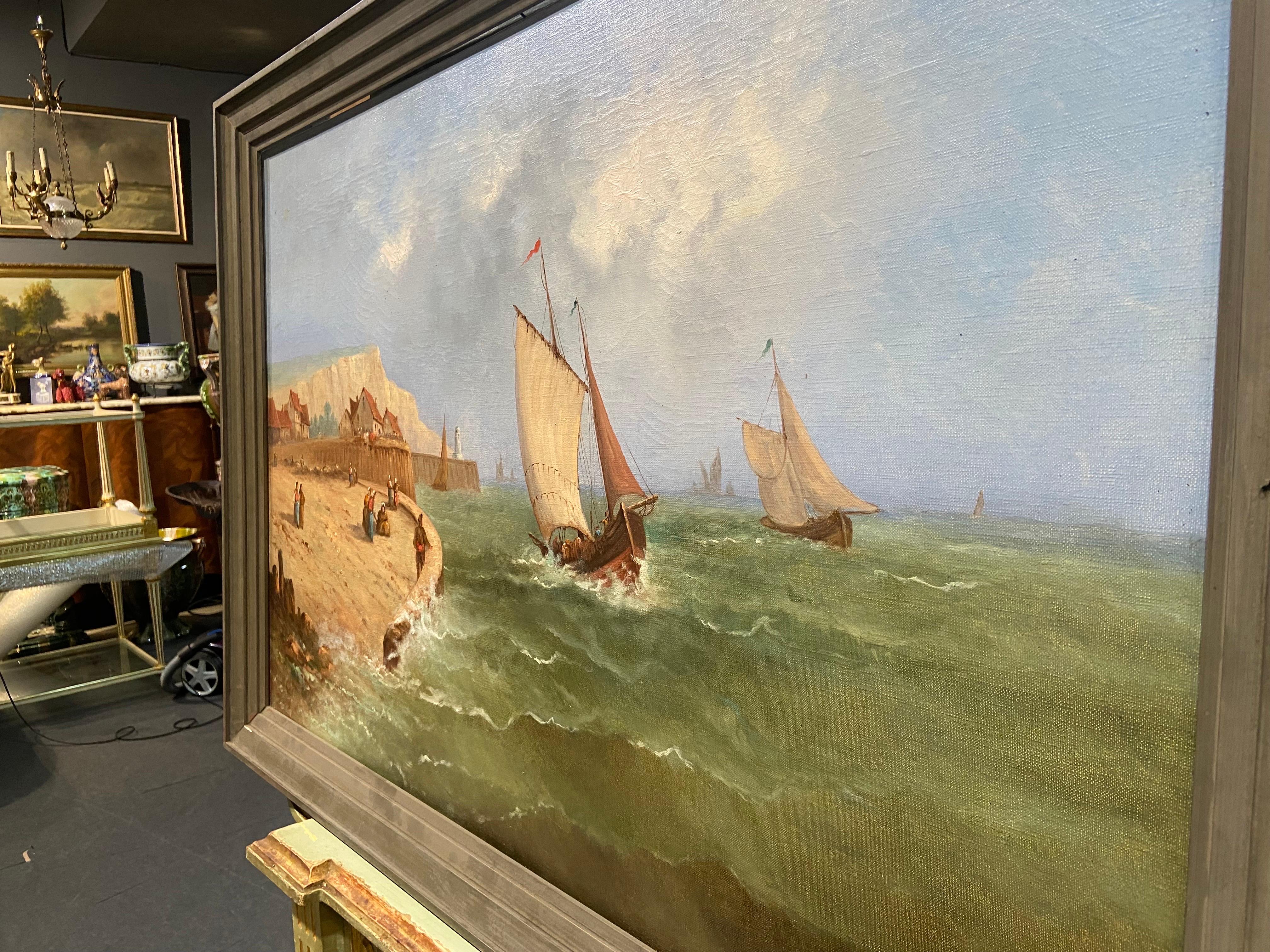 Large French painting oil on canvas signed by Devigii representing ships approaching the land. Very good condition, bright colours with no restorations.
France, circa 1880.
