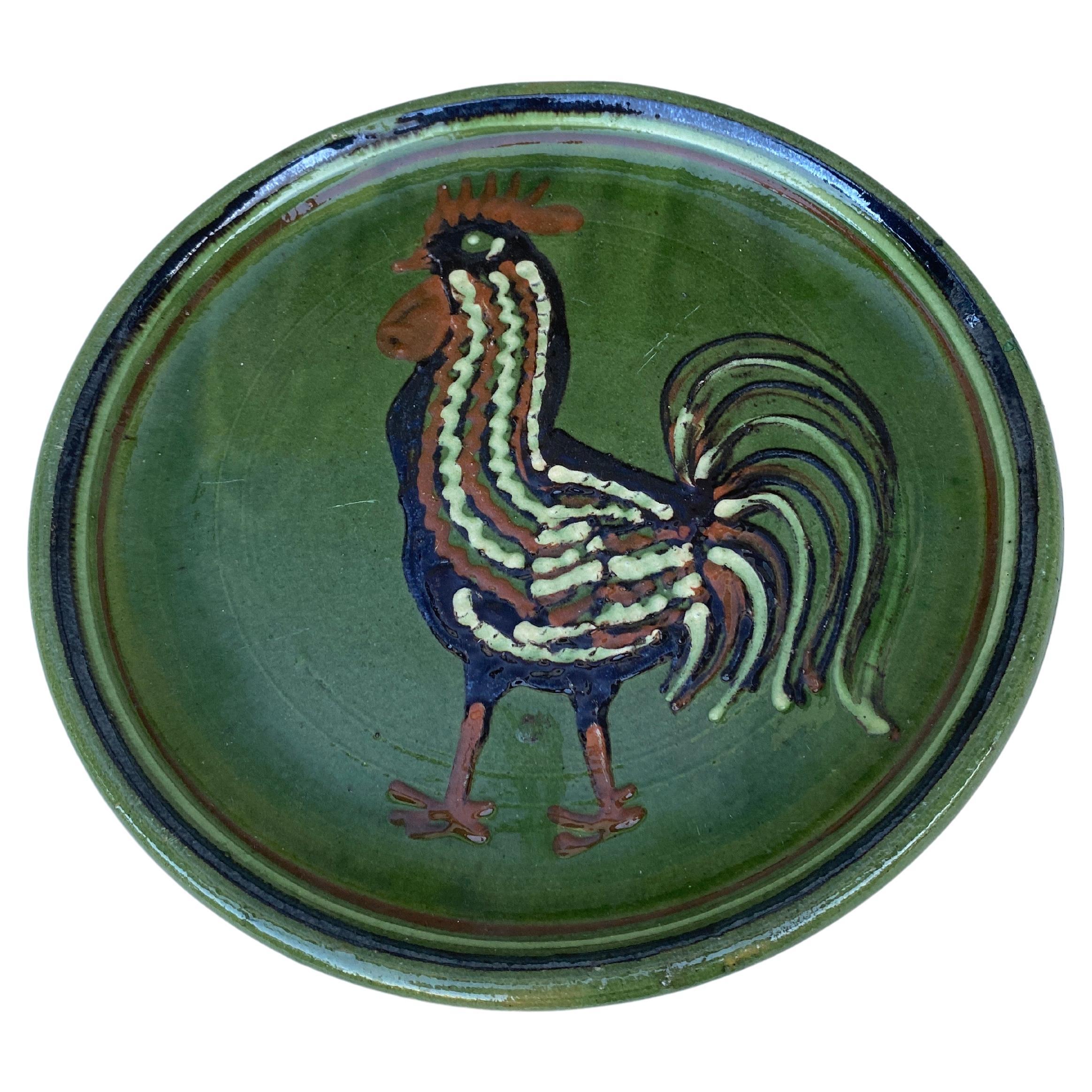 19th Century Large French Pottery Savoie Rooster Platter In Good Condition For Sale In Austin, TX