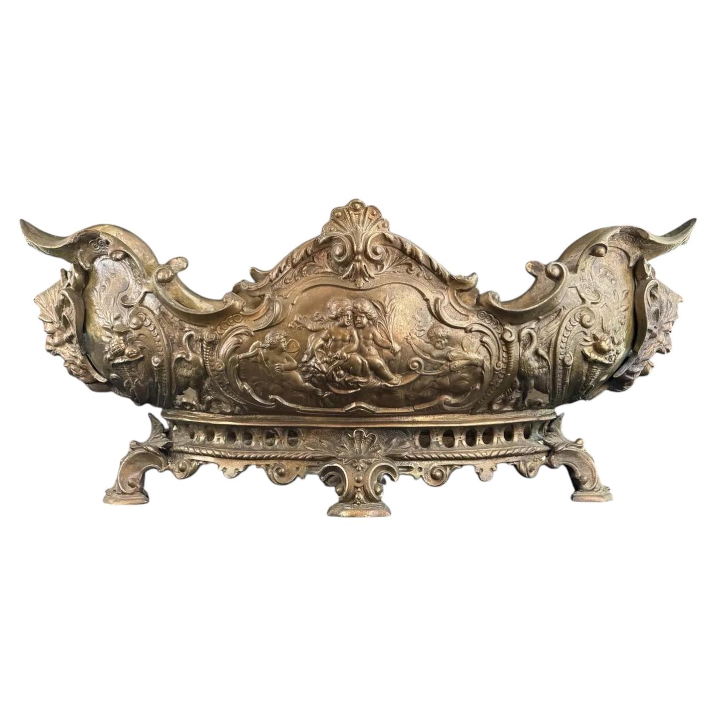 19th century Large French Rococo Revival Bronze Jardinière with Satyr Masks 16in For Sale