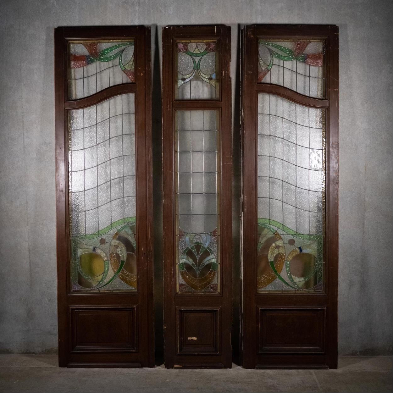 French Provincial 19th century large French stain glass door set  For Sale