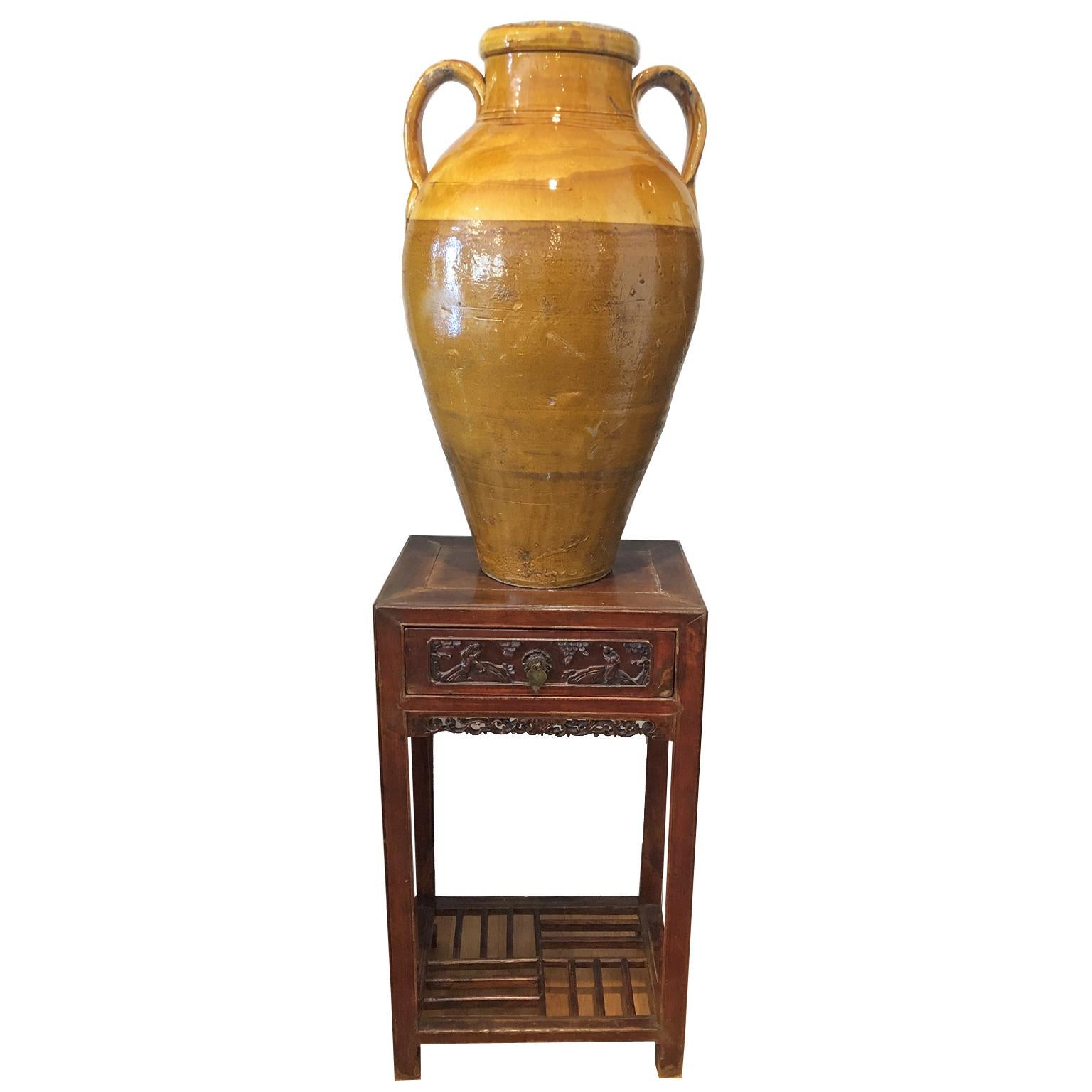 French Provincial 19th Century Large French Terracotta Urn or Pot with Brown and Yellow Glazing