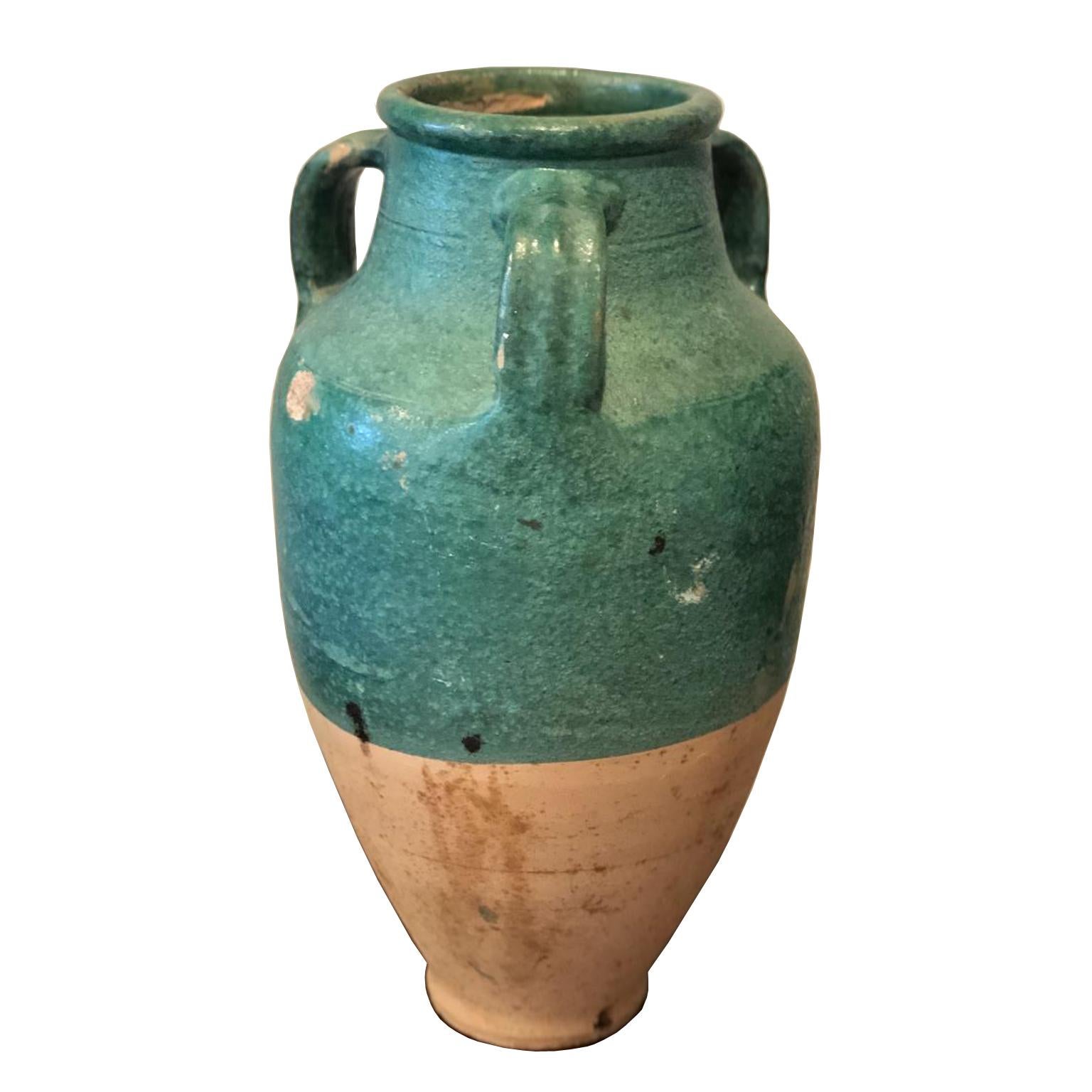 French Provincial 19th Century Large French Terracotta Urn or Pot with Teal Glazing For Sale