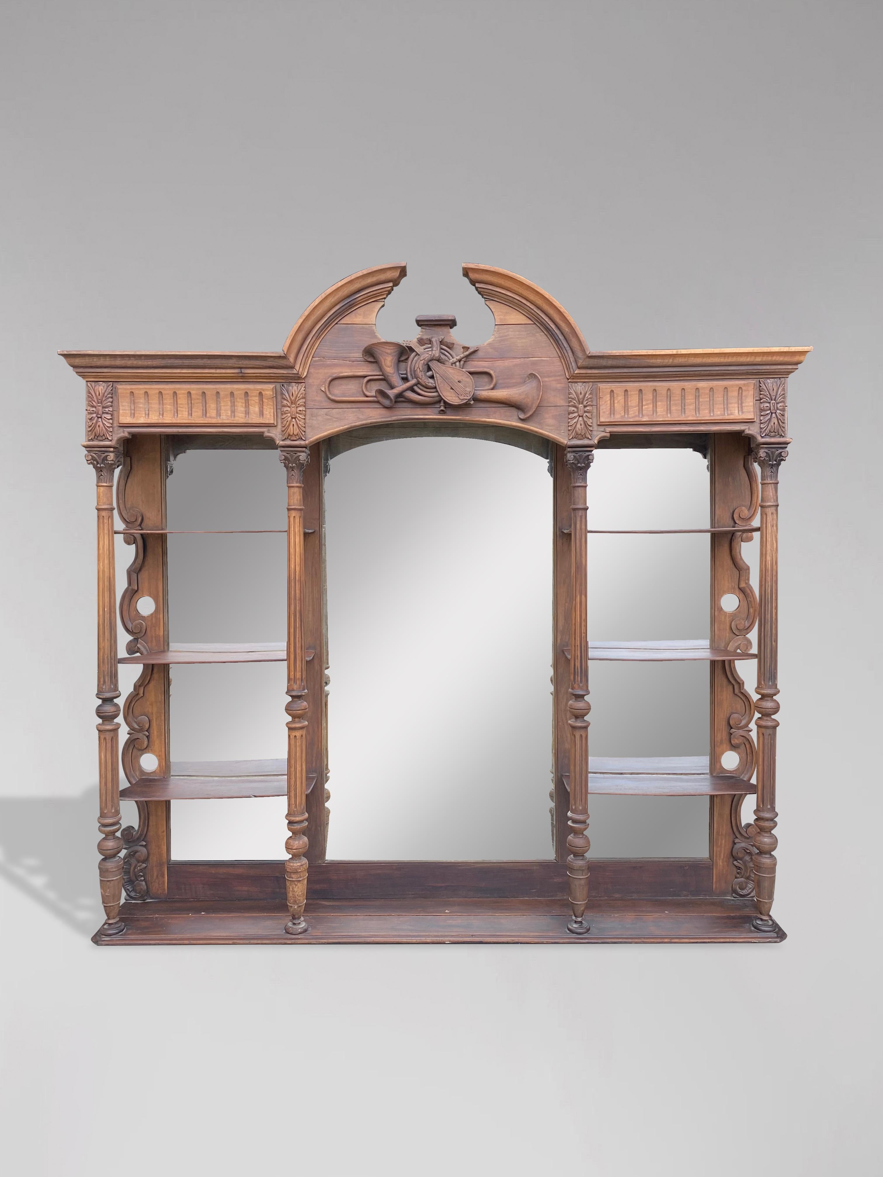 Hand-Carved 19th Century Large French Walnut Back Bar Etagère For Sale