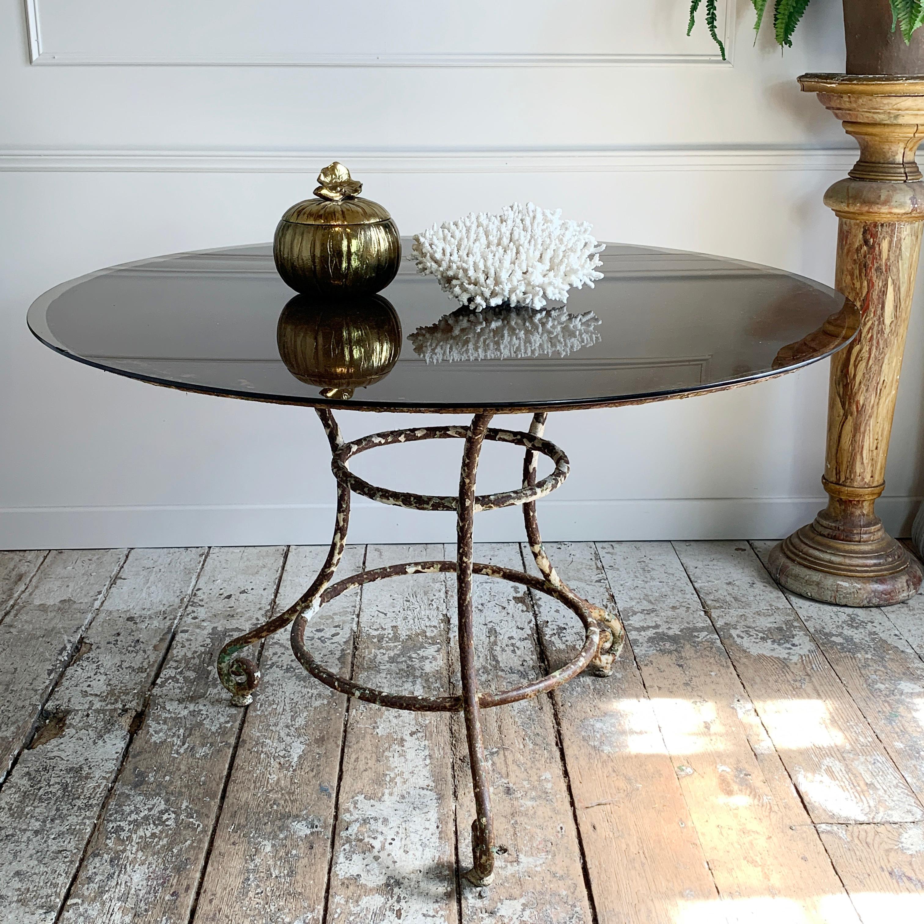 19th Century Large French Wrought Iron Table with Glass Top For Sale 1