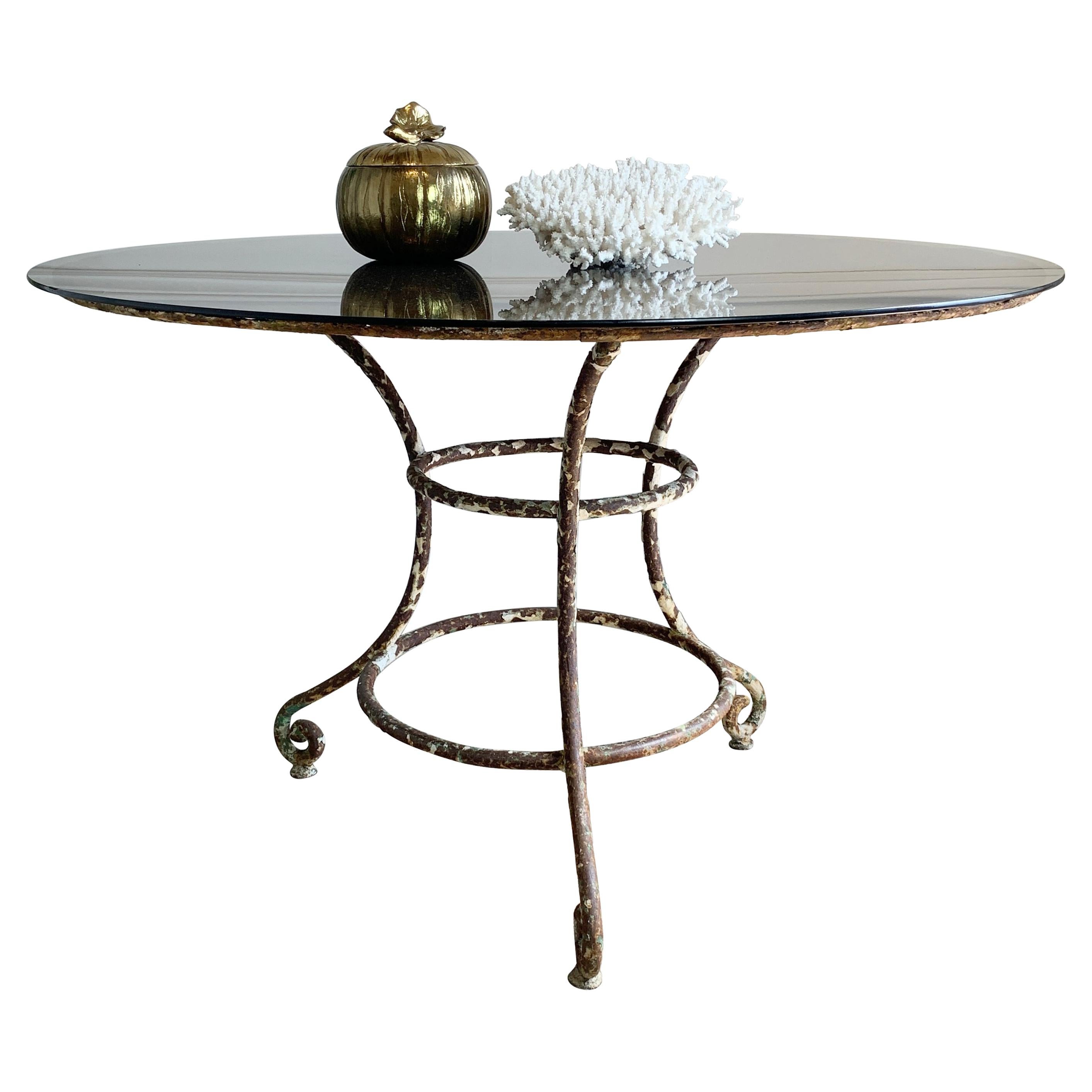 19th Century Large French Wrought Iron Table with Glass Top For Sale