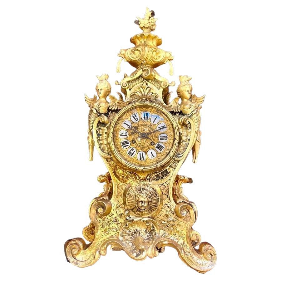 19th Century Large Gilded Bronze Clock of the Napoleon III Period 