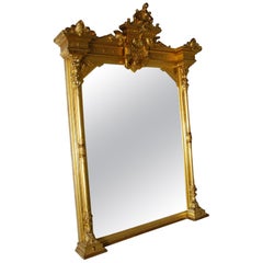 Antique 19th Century Large Gilded Pediment American Overmantel Mirror