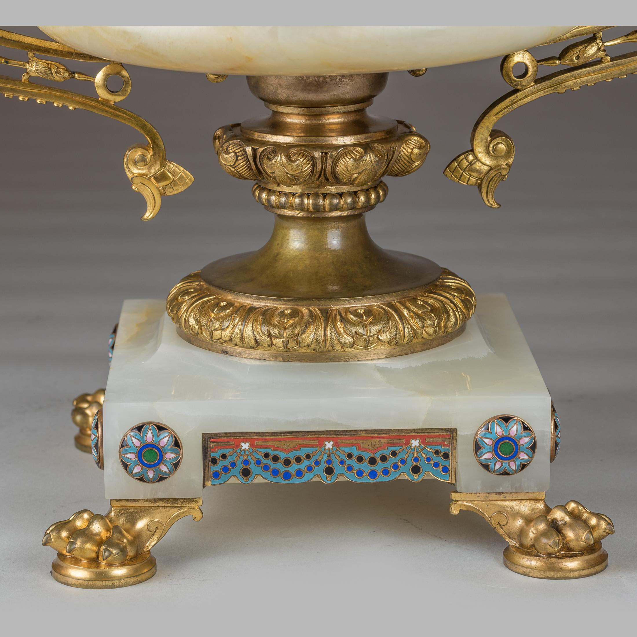 French 19th Century Large Gilt-Bronze Mounted Champlevé Enamel and Onyx Centrepiece
