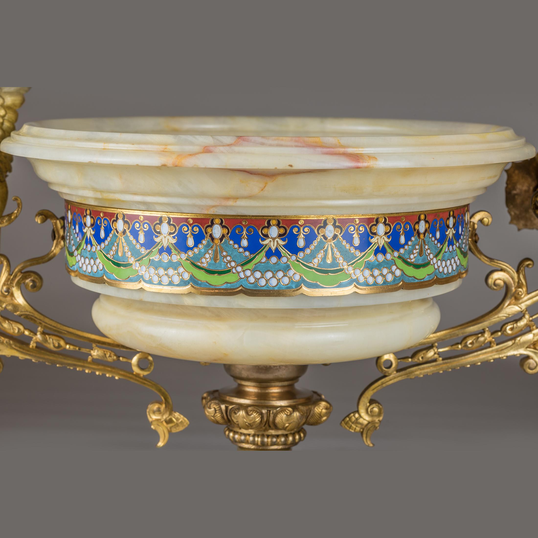 19th Century Large Gilt-Bronze Mounted Champlevé Enamel and Onyx Centrepiece In Good Condition In New York, NY