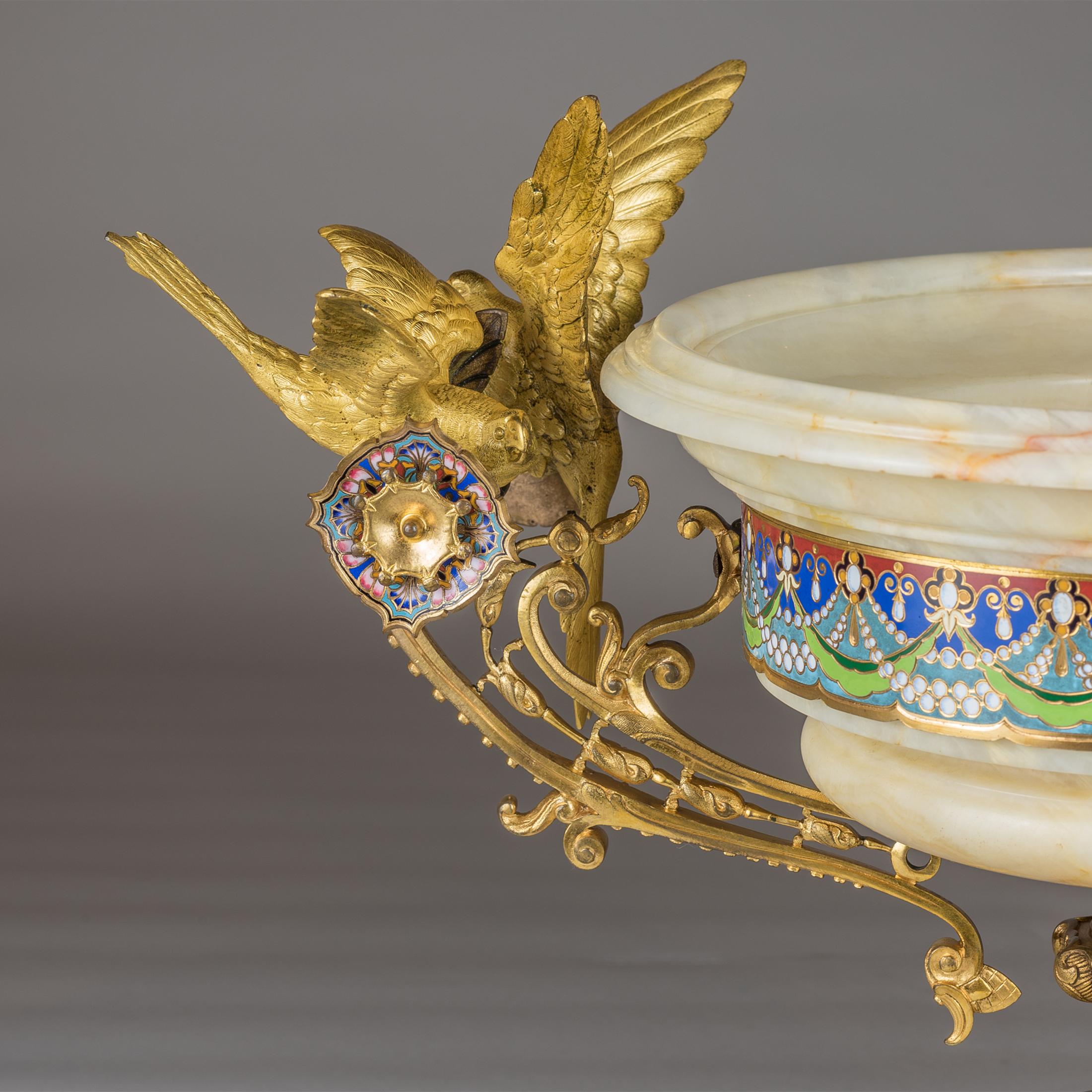 19th Century Large Gilt-Bronze Mounted Champlevé Enamel and Onyx Centrepiece 1