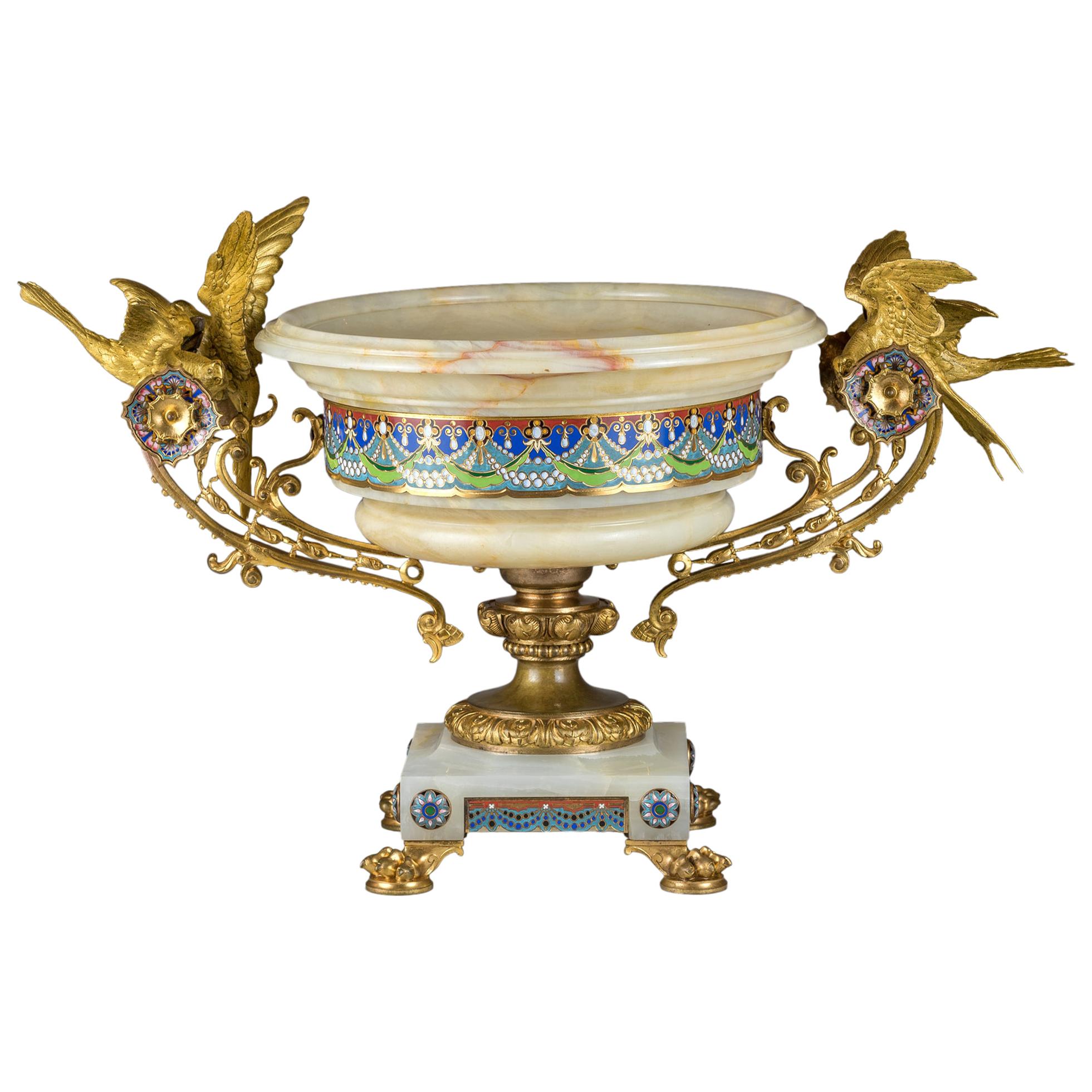 19th Century Large Gilt-Bronze Mounted Champlevé Enamel and Onyx Centrepiece