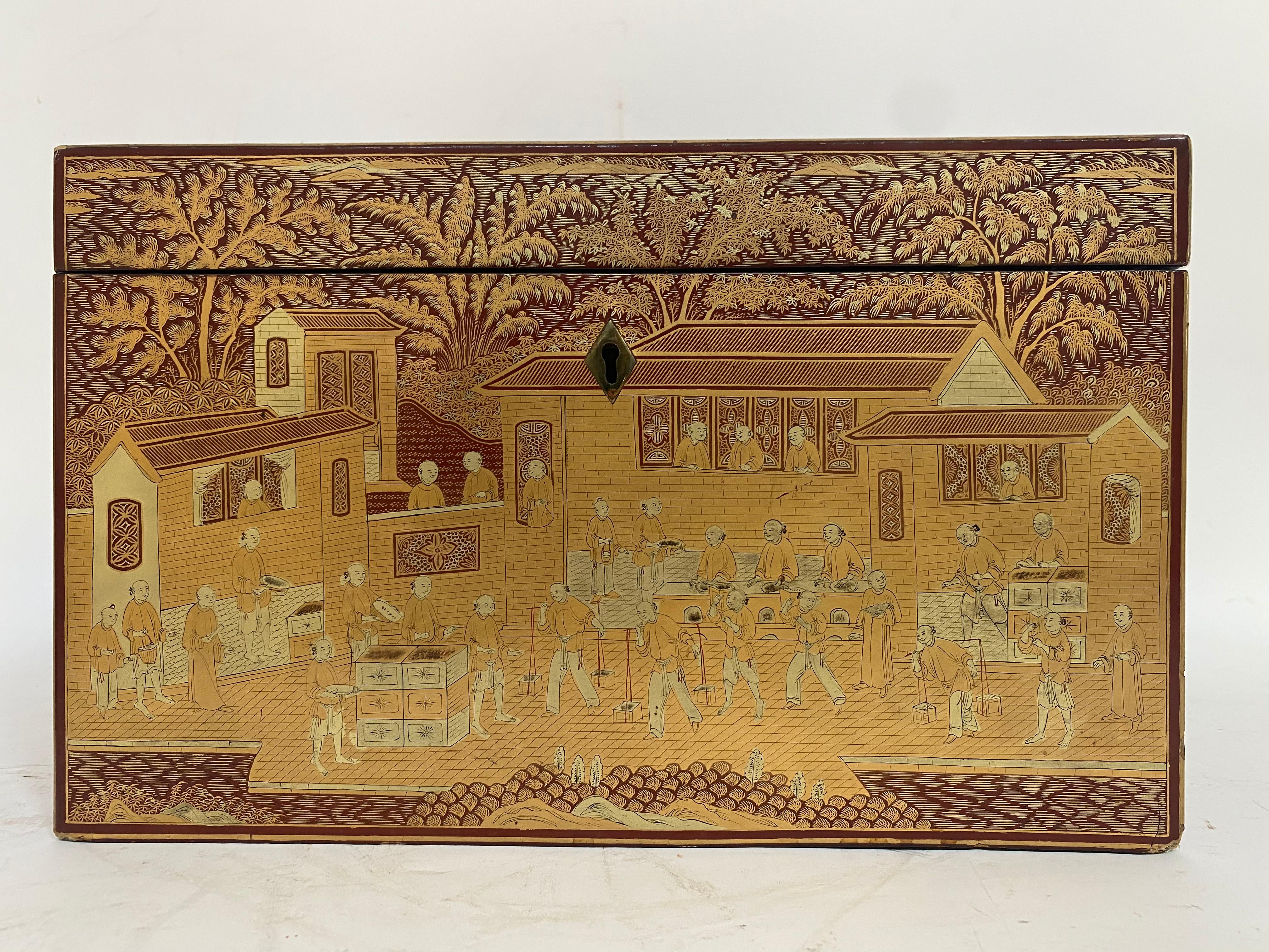 Grande boîte à thé chinoise du 19ème siècle en laque dorée en vente 6