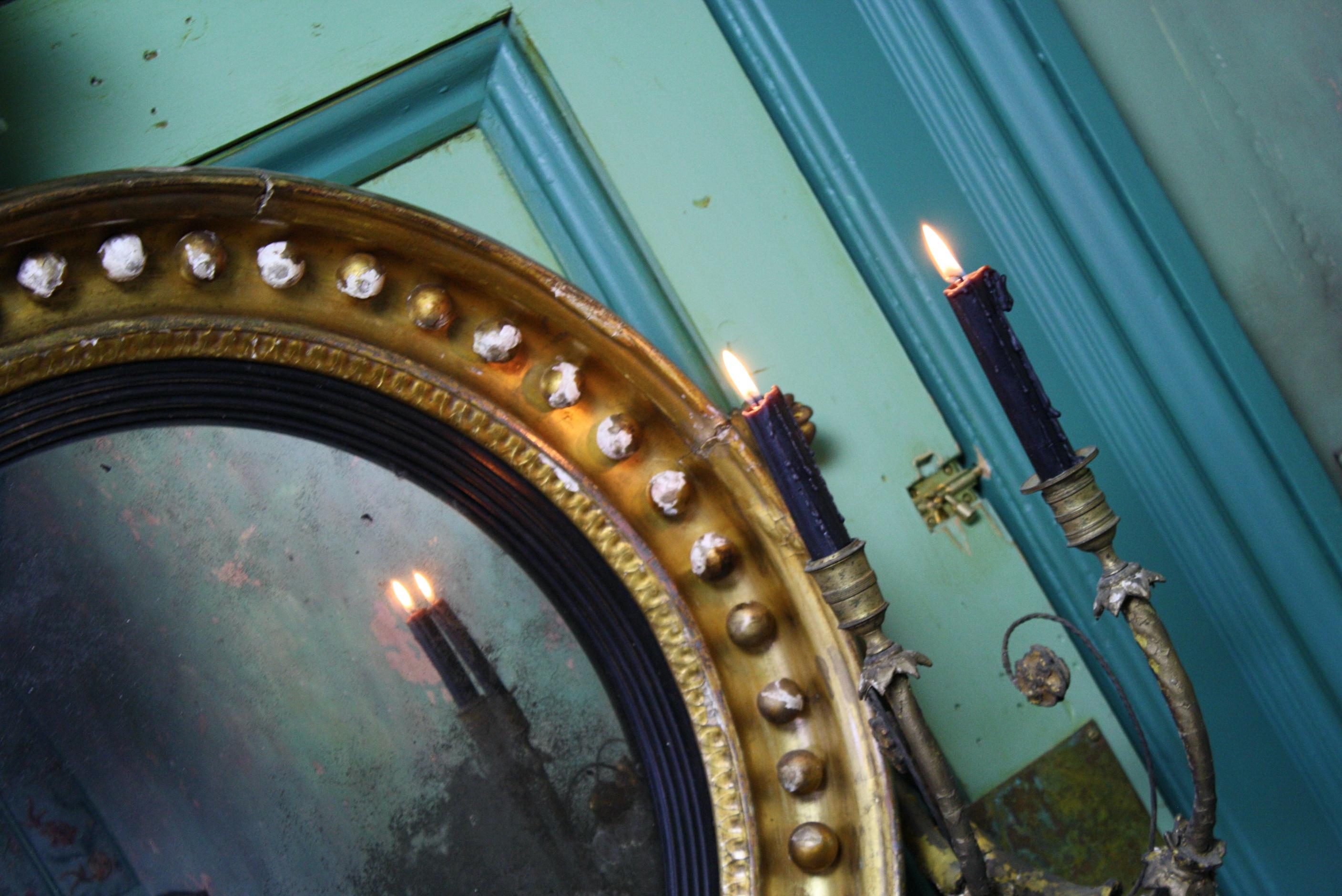 19th Century Large Girandole Convex Giltwood Mirror Oxidised Foxed Plate 8