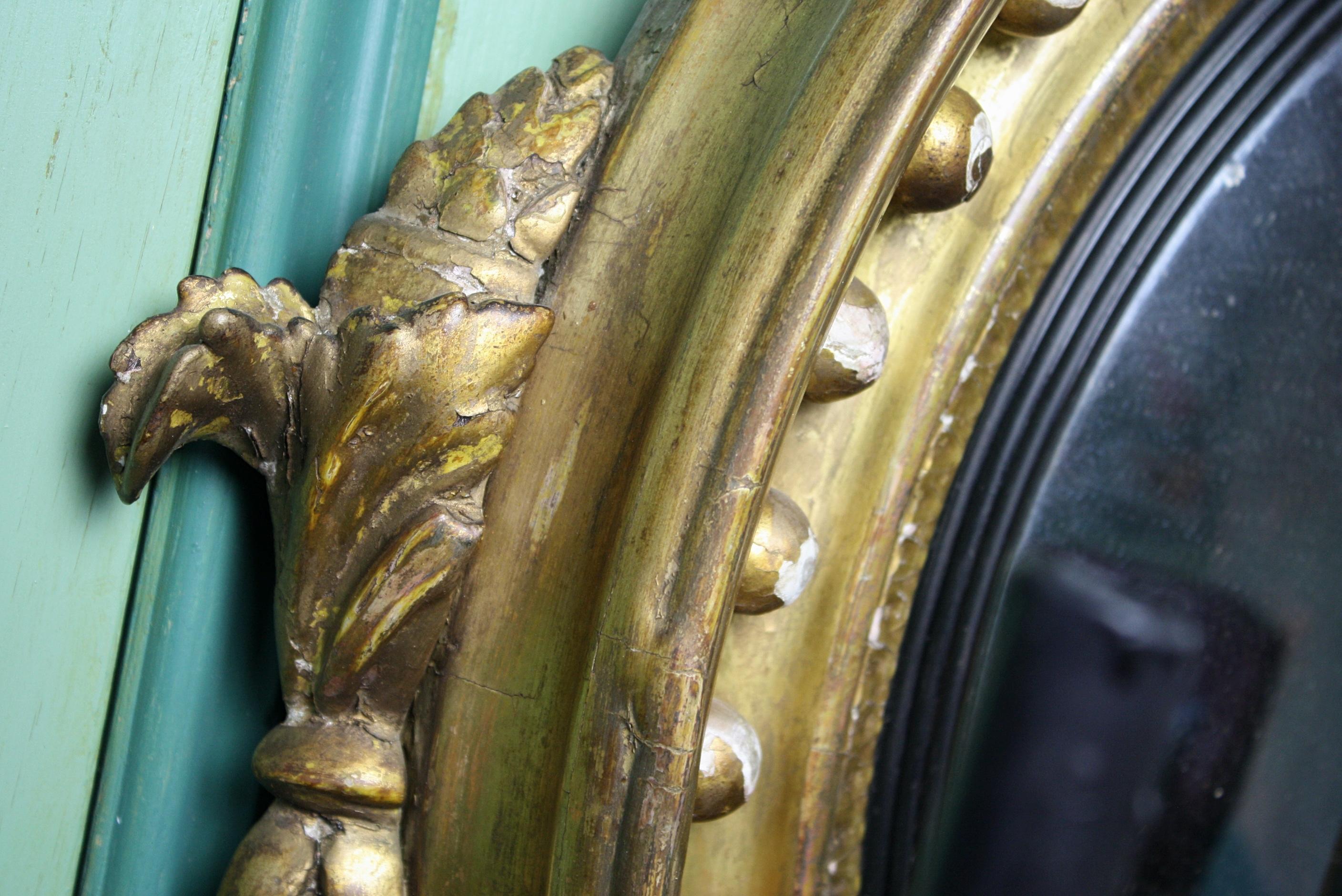19th Century Large Girandole Convex Giltwood Mirror Oxidised Foxed Plate 13
