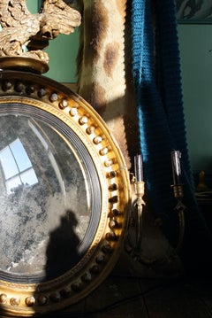 19th Century Large Girandole Convex Giltwood Mirror Oxidised Foxed Plate