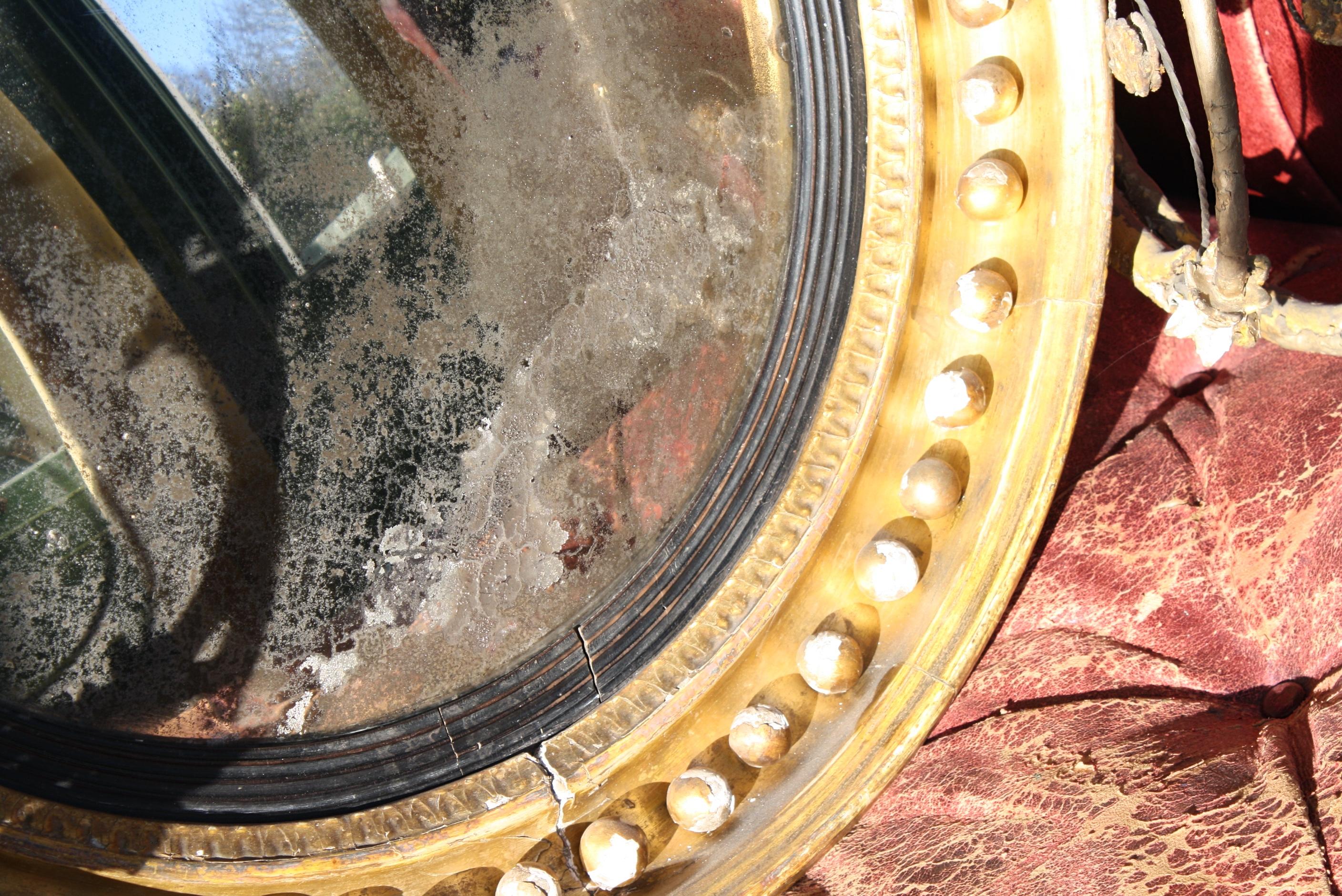 Early Victorian 19th Century Large Girandole Convex Giltwood Mirror Oxidised Foxed Plate