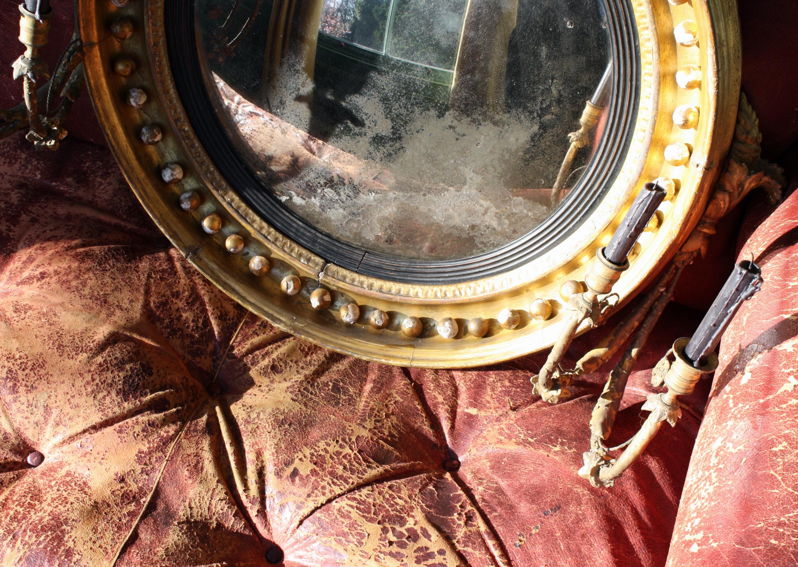19th Century Large Girandole Convex Giltwood Mirror Oxidised Foxed Plate 1