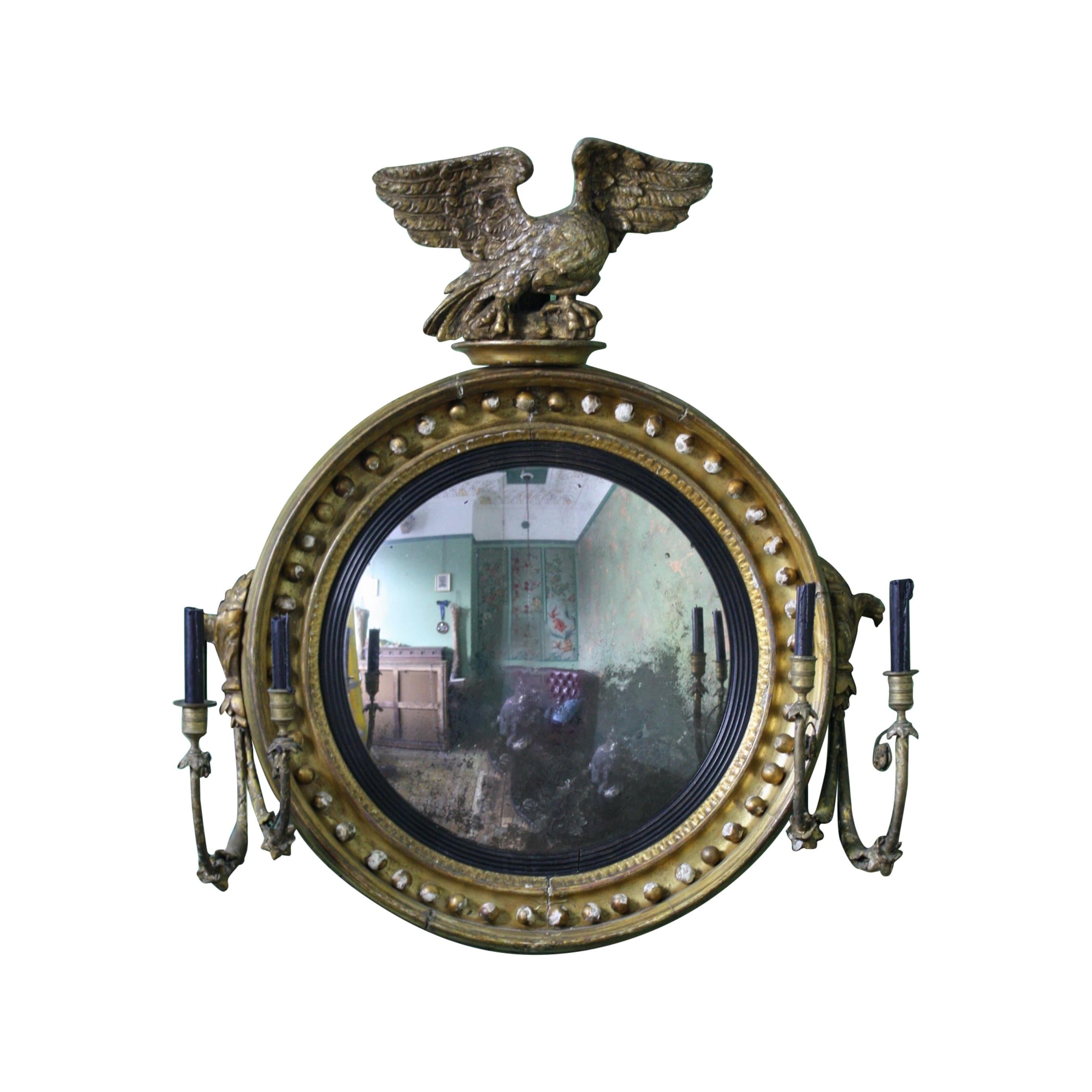 19th Century Large Girandole Convex Giltwood Mirror Oxidised Foxed Plate