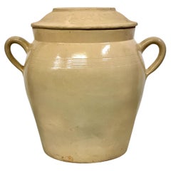 Grand pot à confiture en terre cuite émaillée du 19ème siècle avec couvercle et poignées