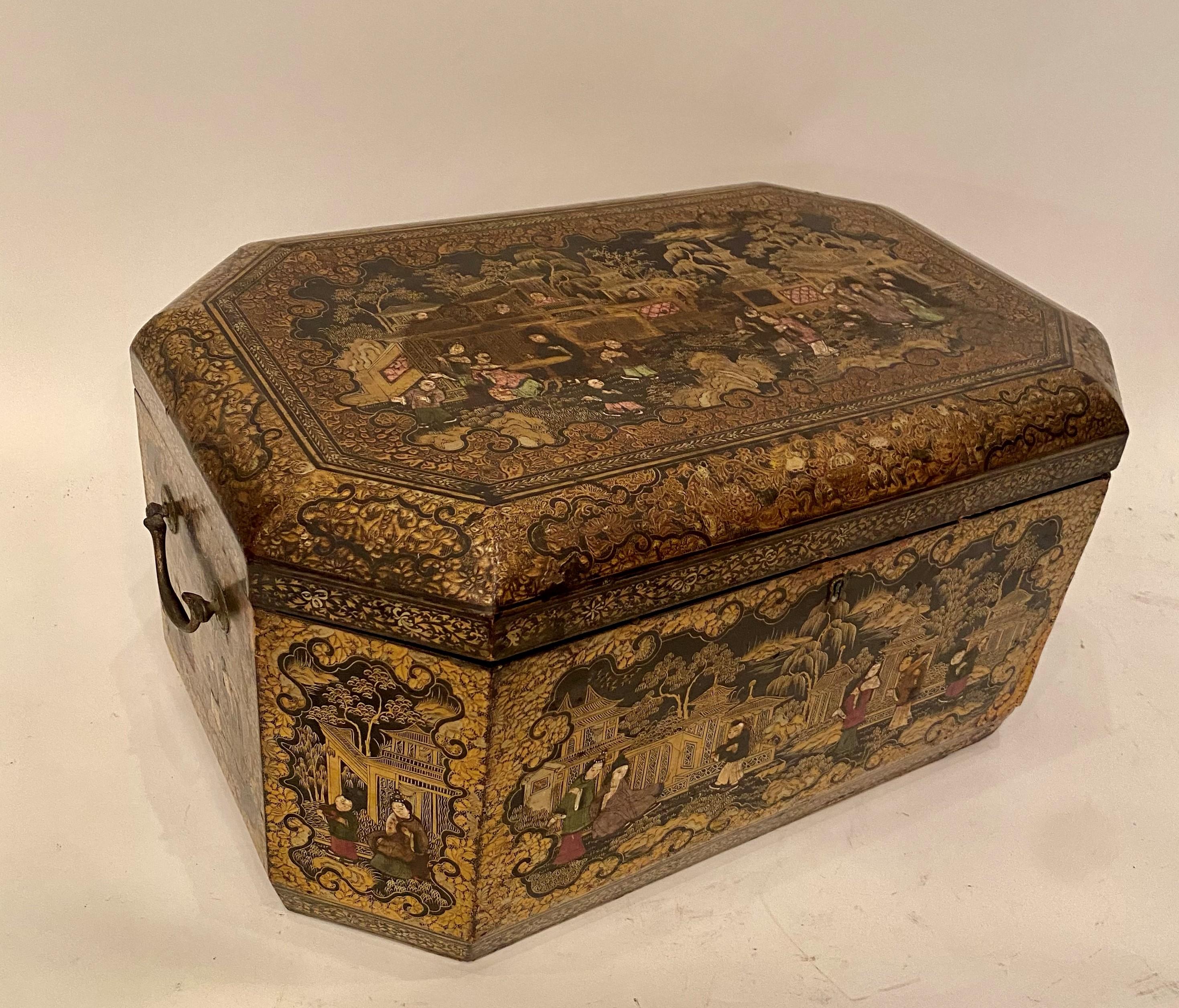 19th century large lift-lid gilt-decorated golden black lacquer Chinese table book box, crazing to lacquer overall, general marks nicks scratches, rubbing and wear overall. Very larger beautiful box. Measures: 18.5 inch width x 12.5 inch depth x 9.5
