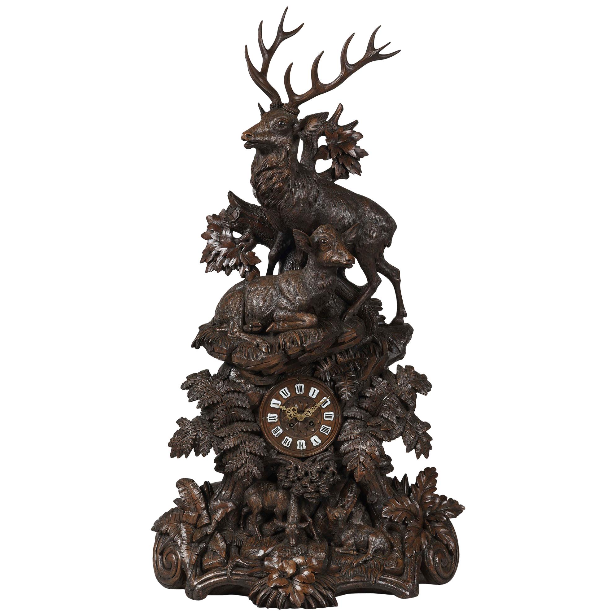 19th Century Large Hand-Carved Black Forest Mantel Clock