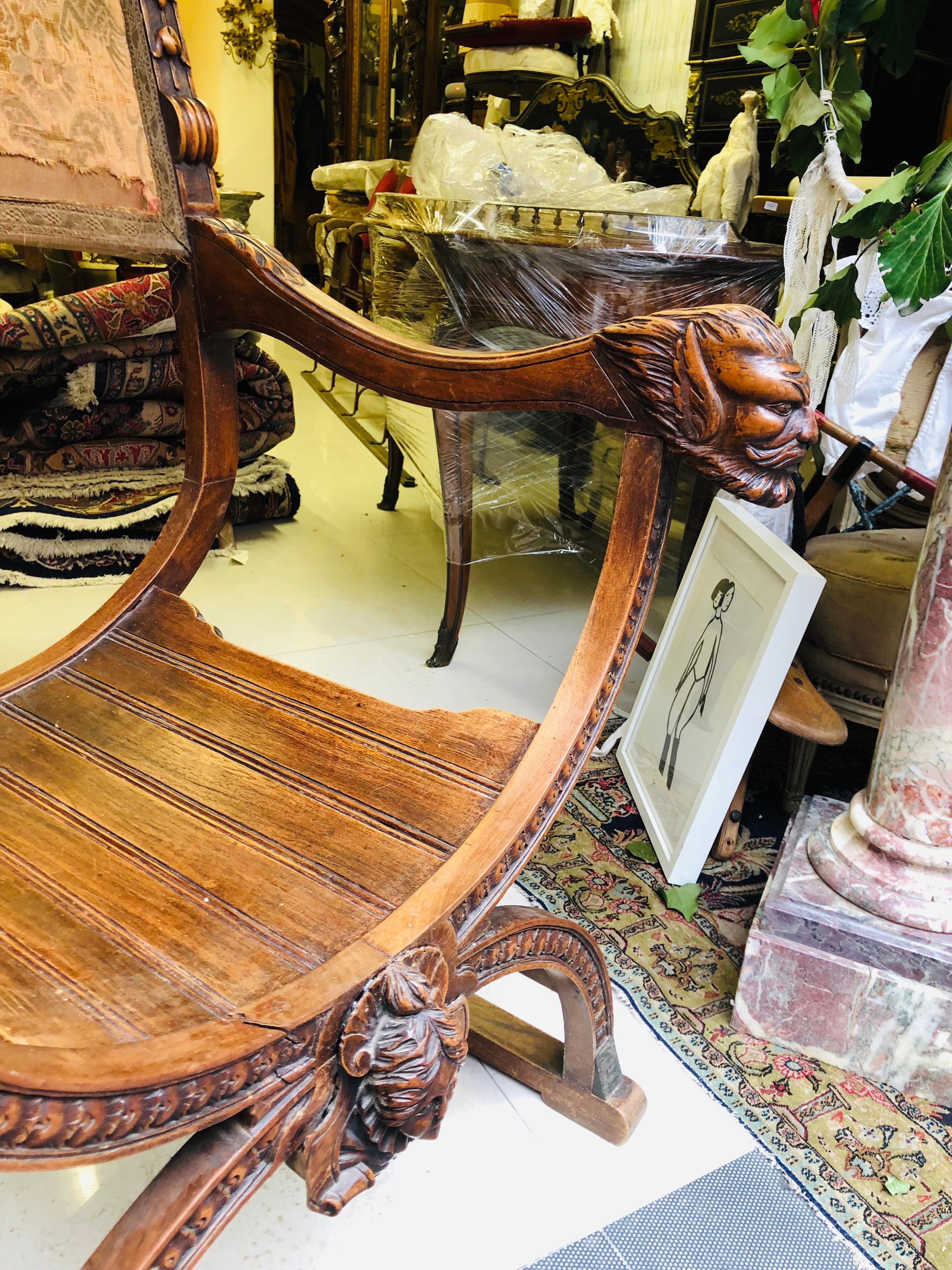 19th Century Large Hand Carved Savonarola Walnut Chair, Henry II Style In Good Condition In Sofia, BG