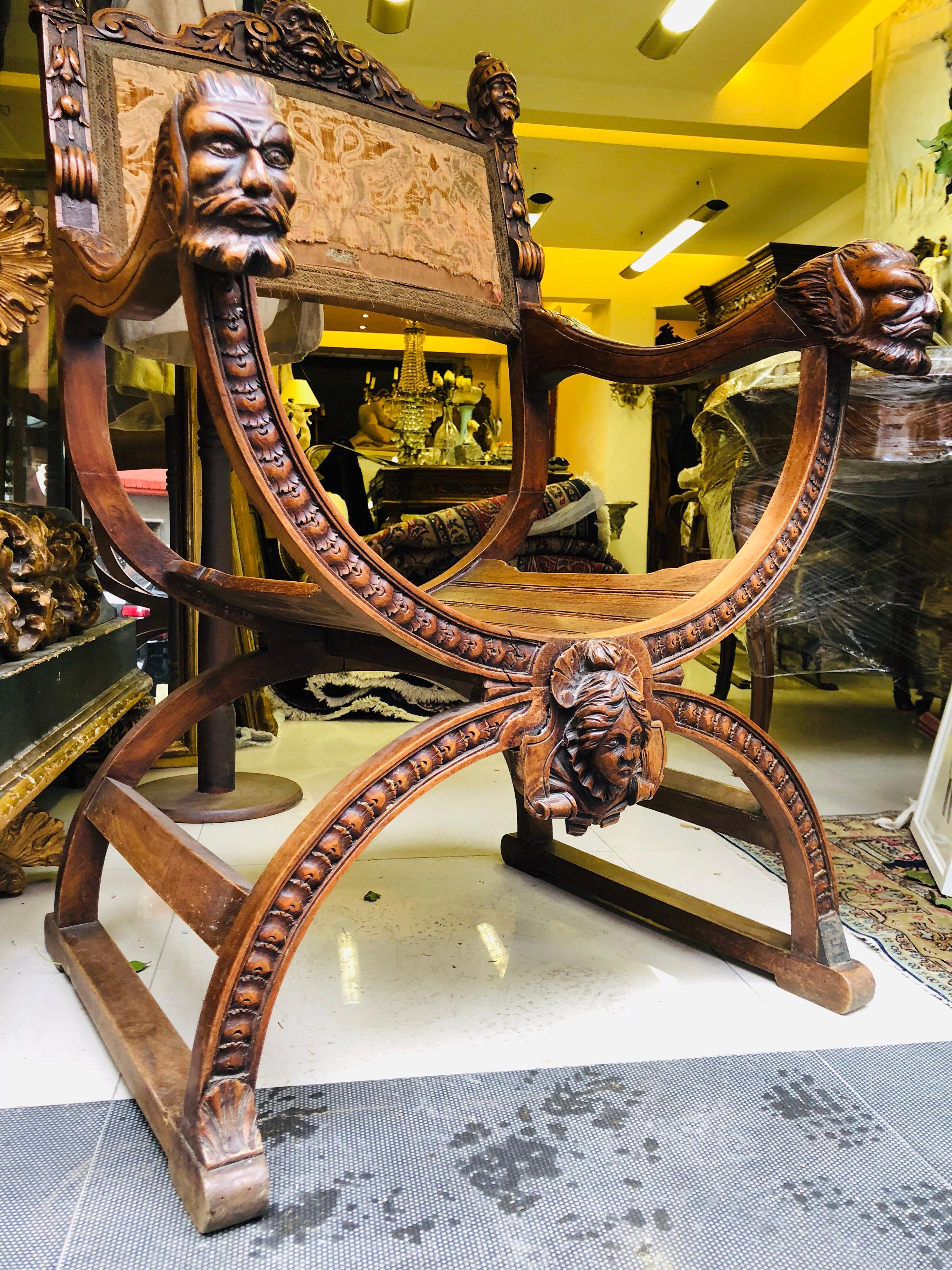 19th Century Large Hand Carved Savonarola Walnut Chair, Henry II Style 1