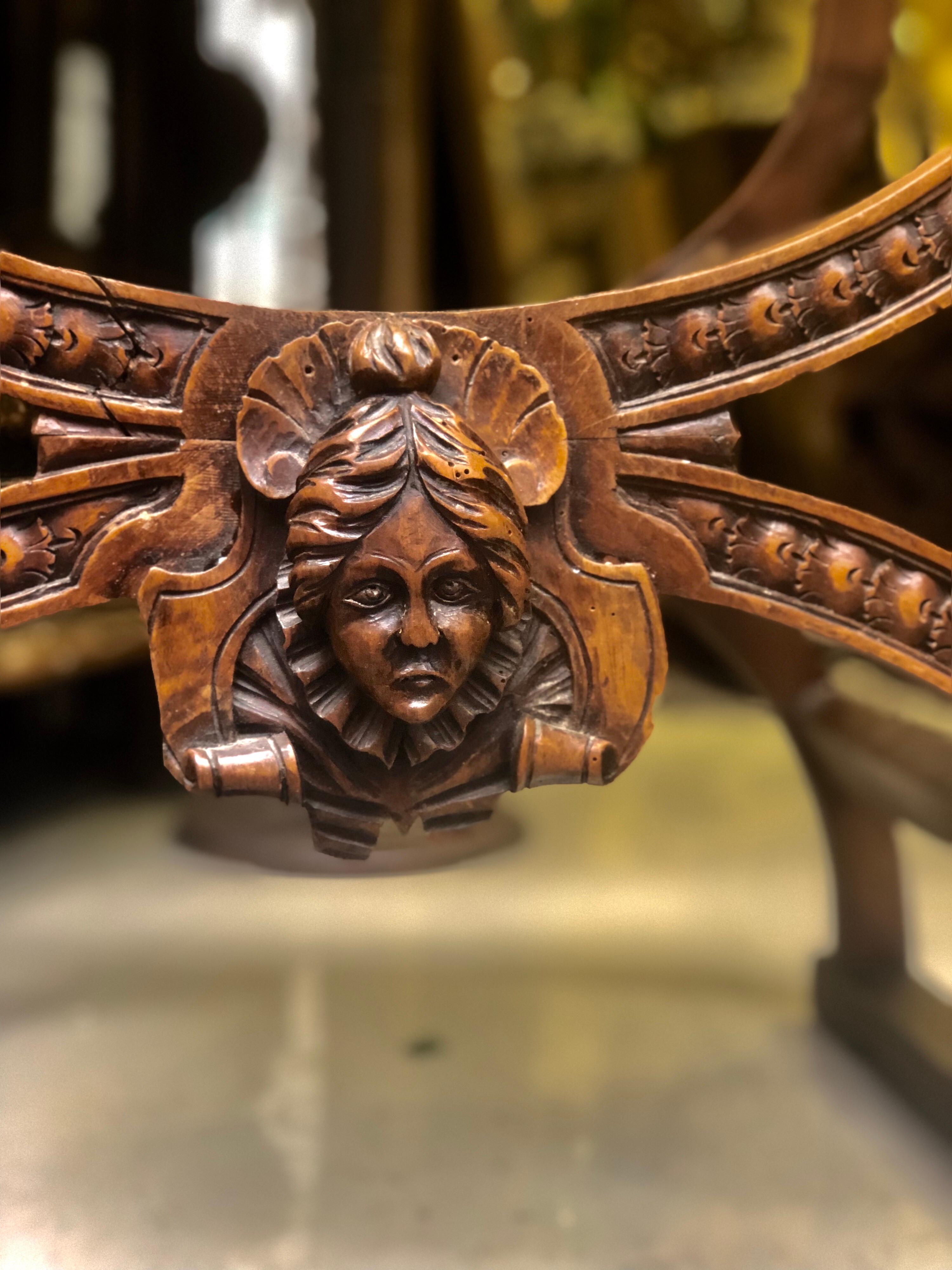 19th Century Large Hand Carved Savonarola Walnut Chair, Henry II Style 2