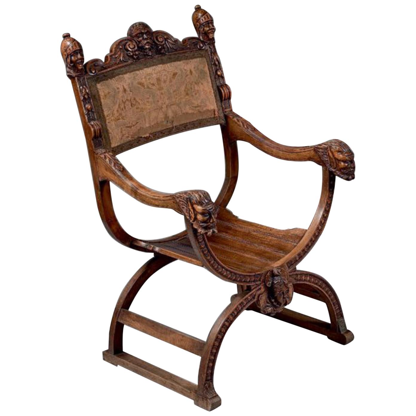 Großer handgeschnitzter Savonarola-Stuhl aus Nussbaumholz, Henry II.-Stil, 19. Jahrhundert