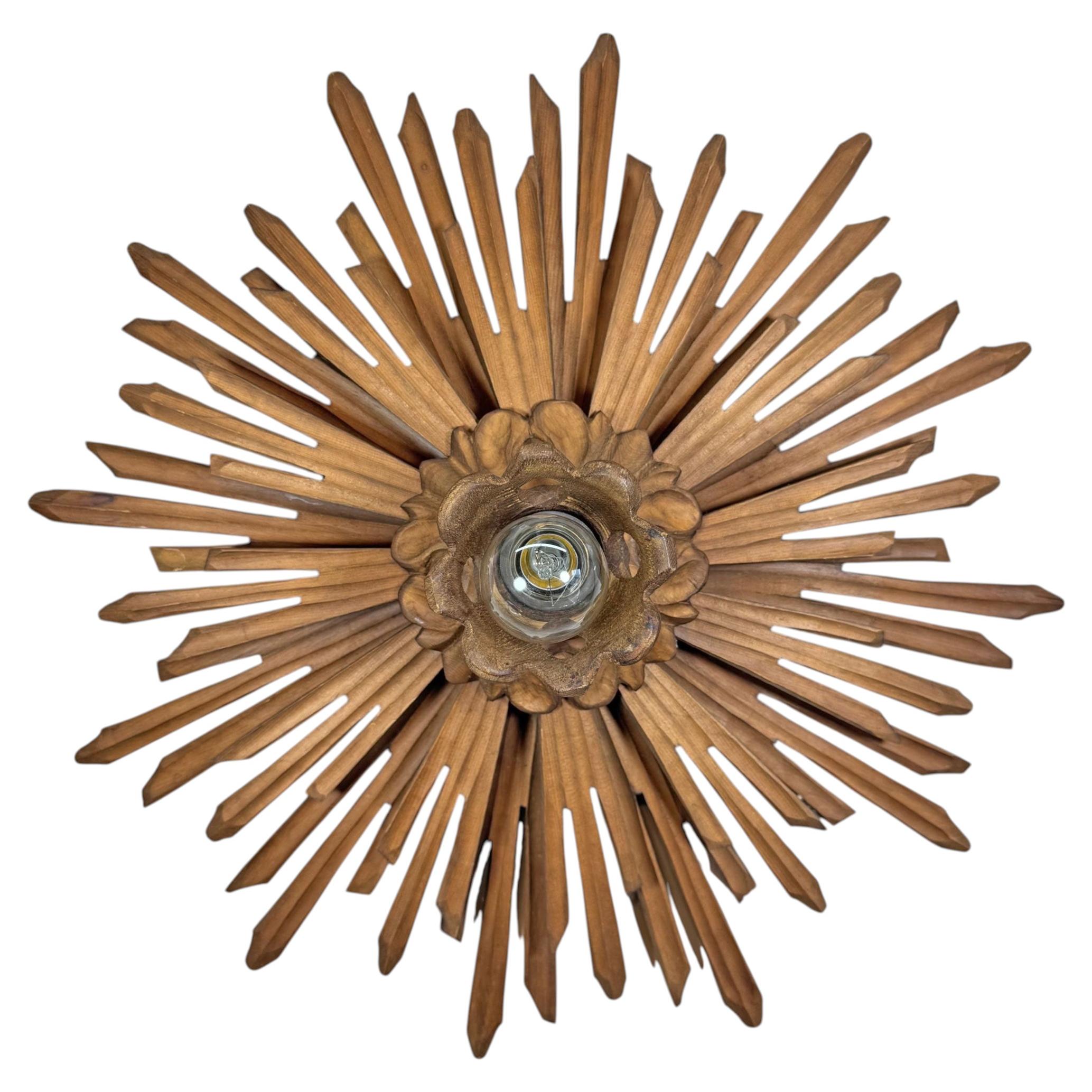 19th Century Large Hand Carved Wooden Church Sunburst Light