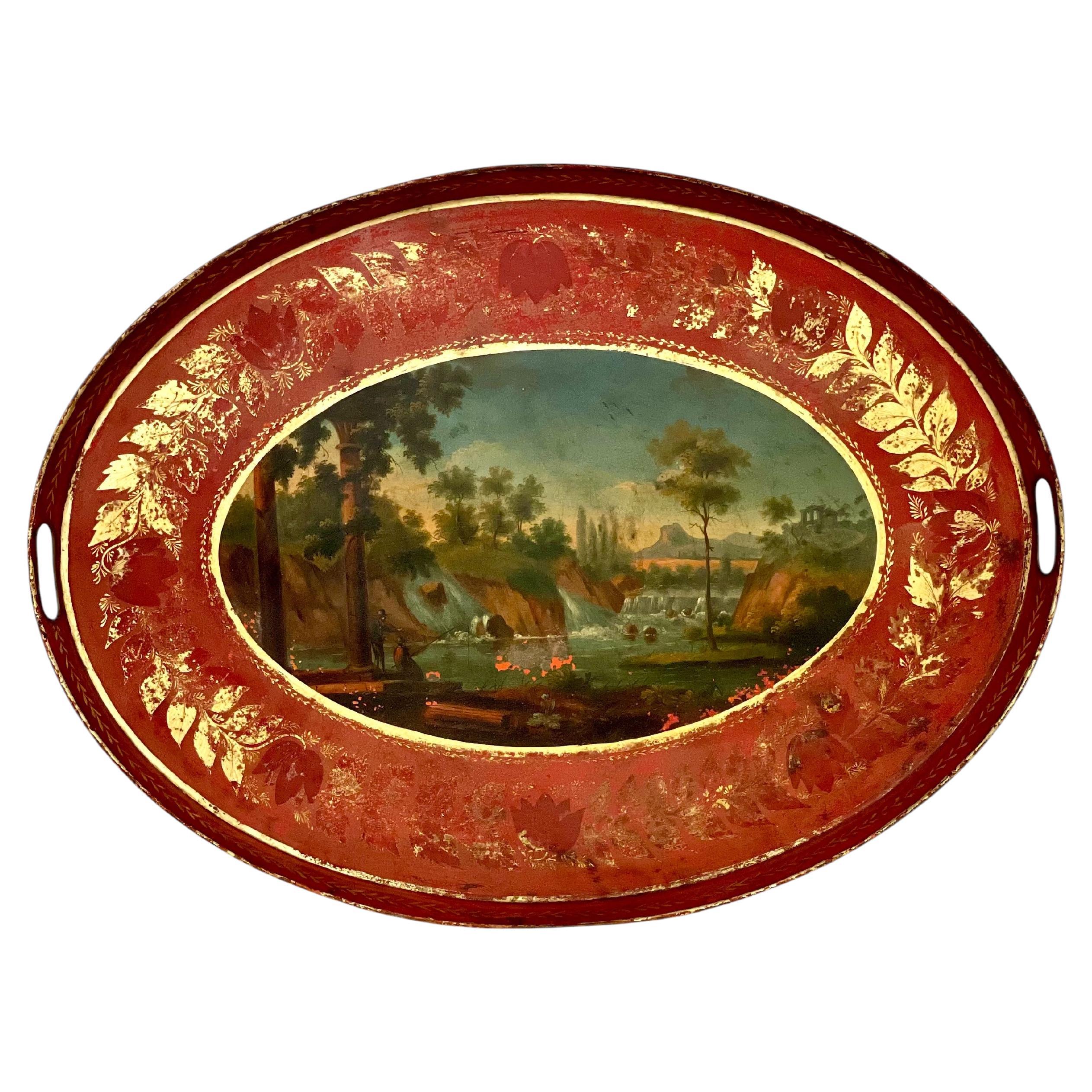 19th Century Large Hand-Painted and Gilded Tole Tin Tray