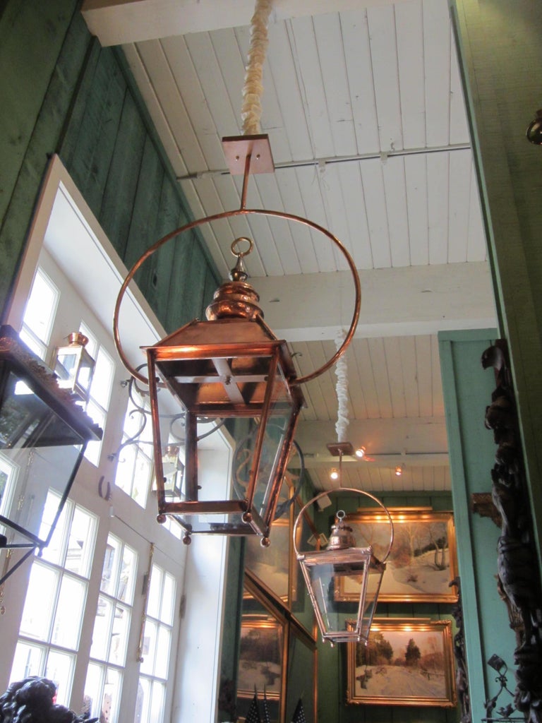 19th C Large Hanging English Copper Lantern Style Ceiling Light Ring Bracket