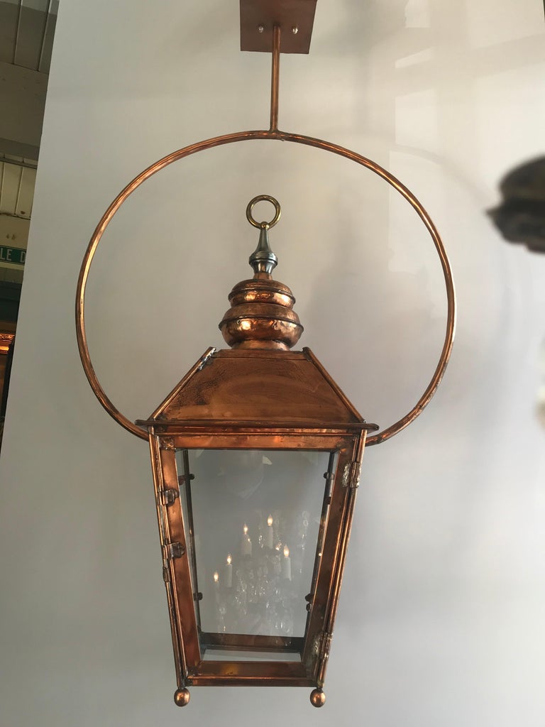 19th C Large Hanging English Copper Lantern Style Ceiling Light Ring Bracket