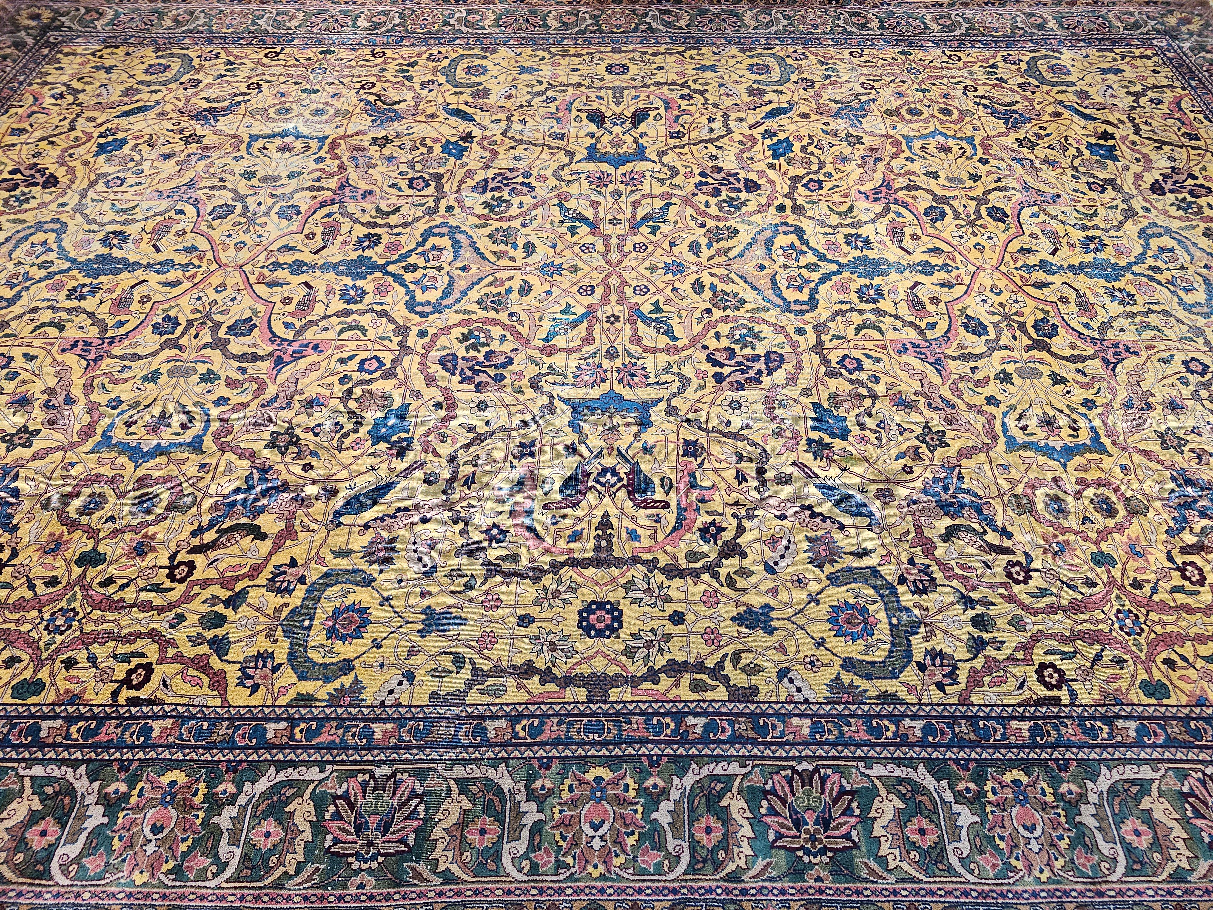19th Century Large Indian Agra in Garden Pattern in Saffron Yellow, Green, Pink For Sale 11