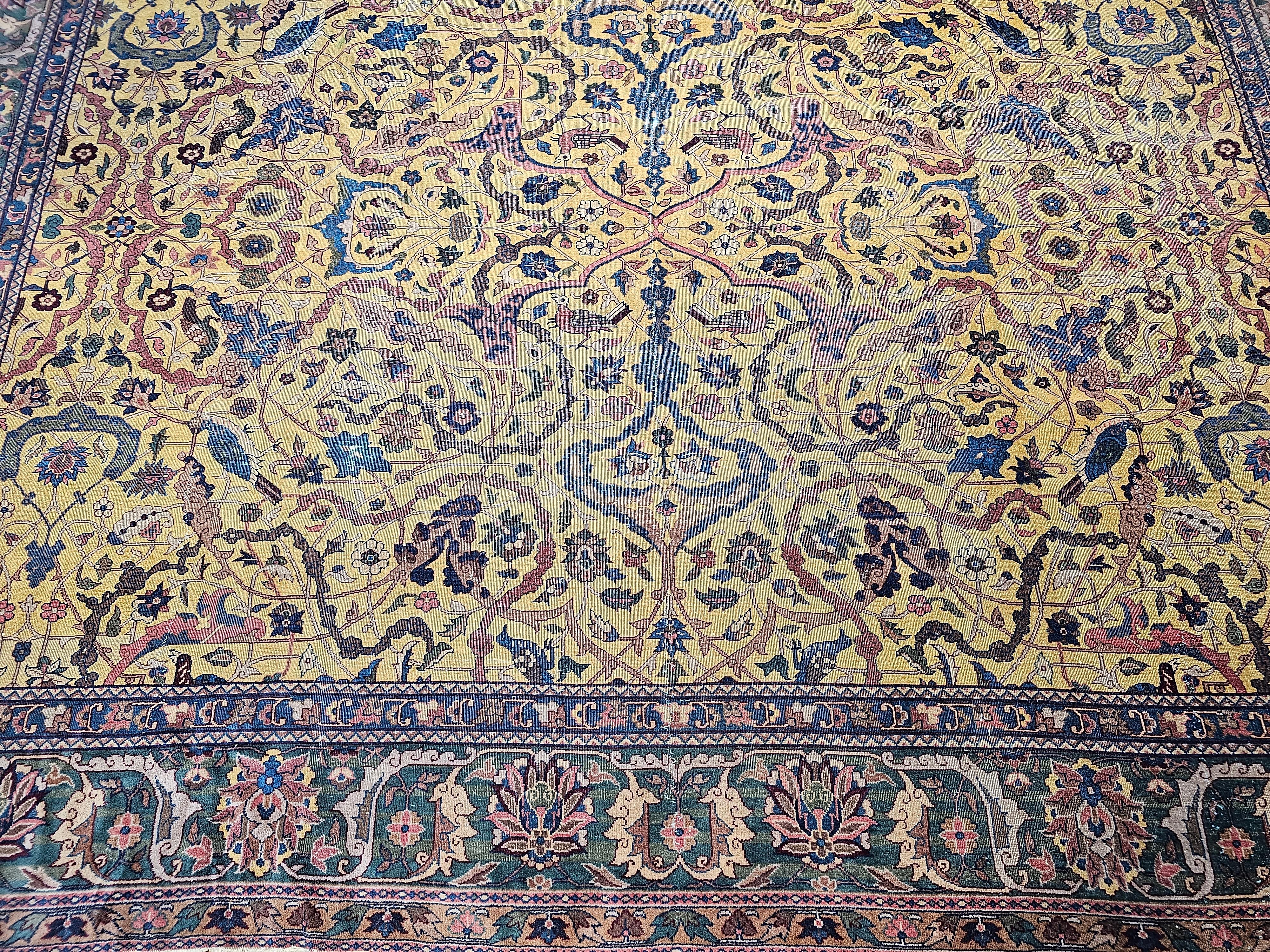 Hand-Knotted 19th Century Large Indian Agra in Garden Pattern in Saffron Yellow, Green, Pink For Sale