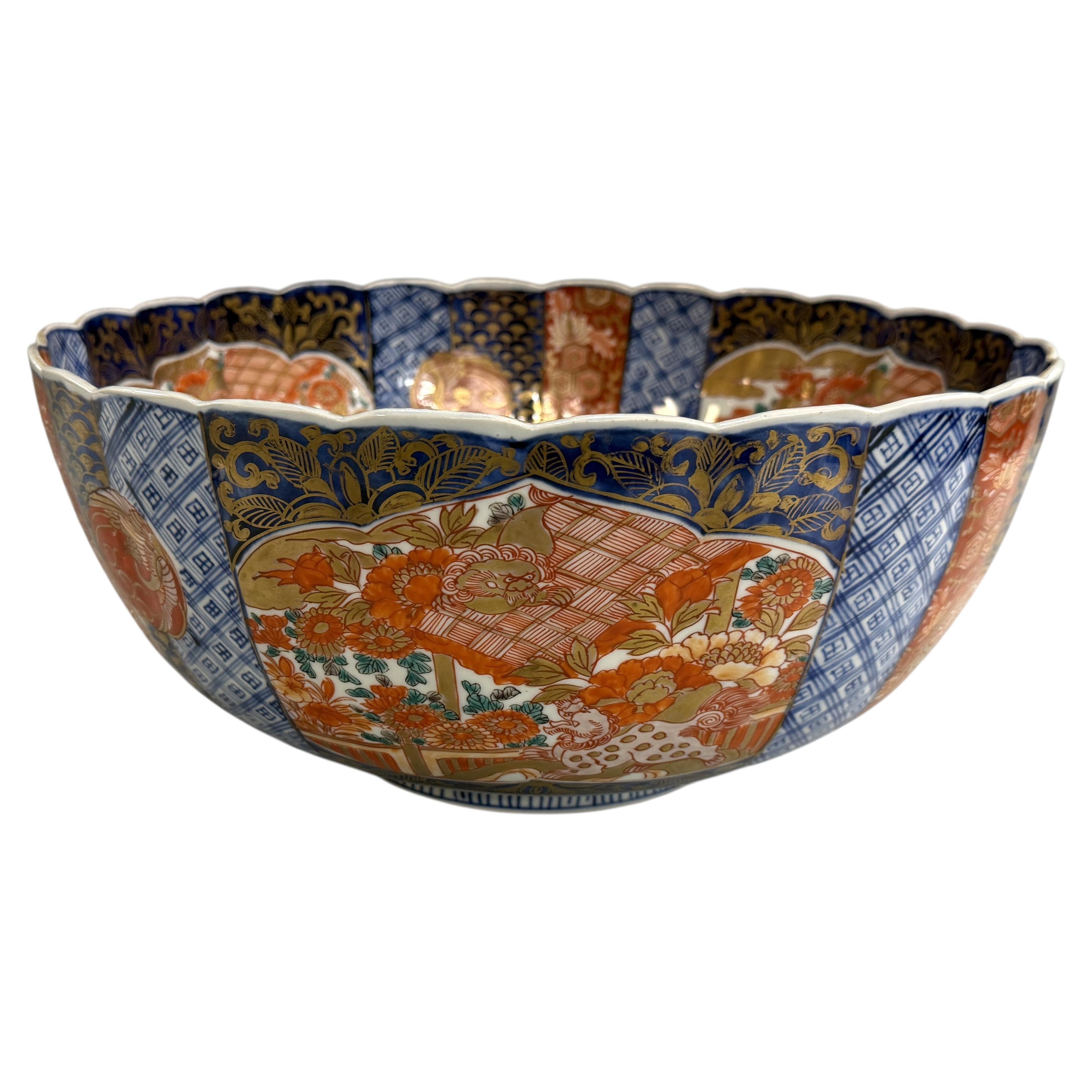 19th Century Large Japanese Imari Polychrome Bowl with Scalloped Edge