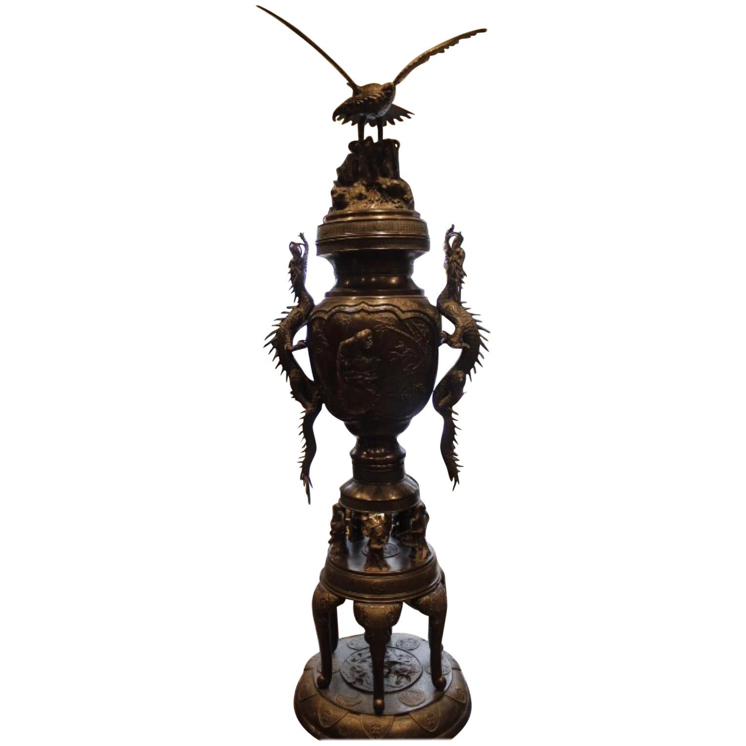 19th Century, Large Japanese Sectional Bronze Vase and Stand, Japan For Sale