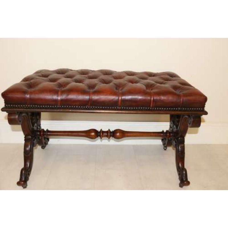 19th Century Large Leather Upholstered Carved Walnut Stool, circa 1860, English 10